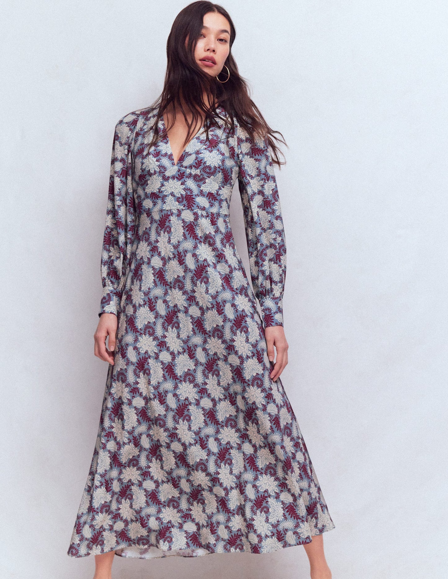 V-neck Blouson Sleeve Dress-Multi Blooming Flora