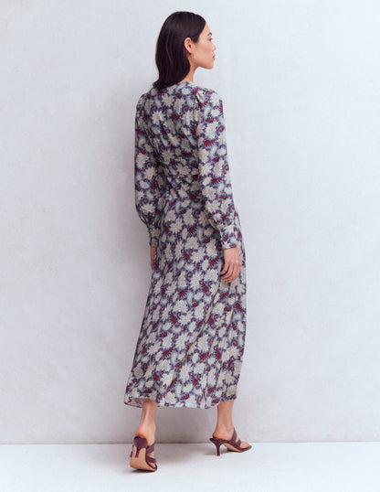 V-neck Blouson Sleeve Dress-Multi Blooming Flora-3