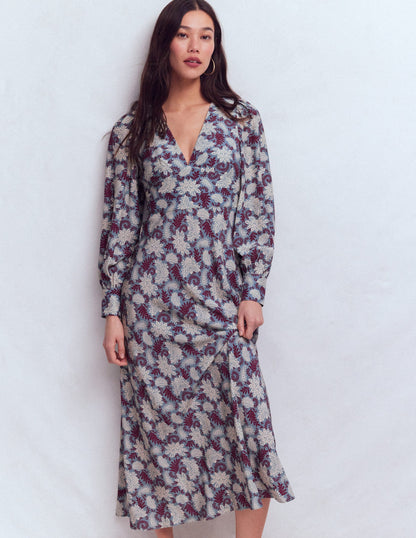 V-neck Blouson Sleeve Dress-Multi Blooming Flora-5