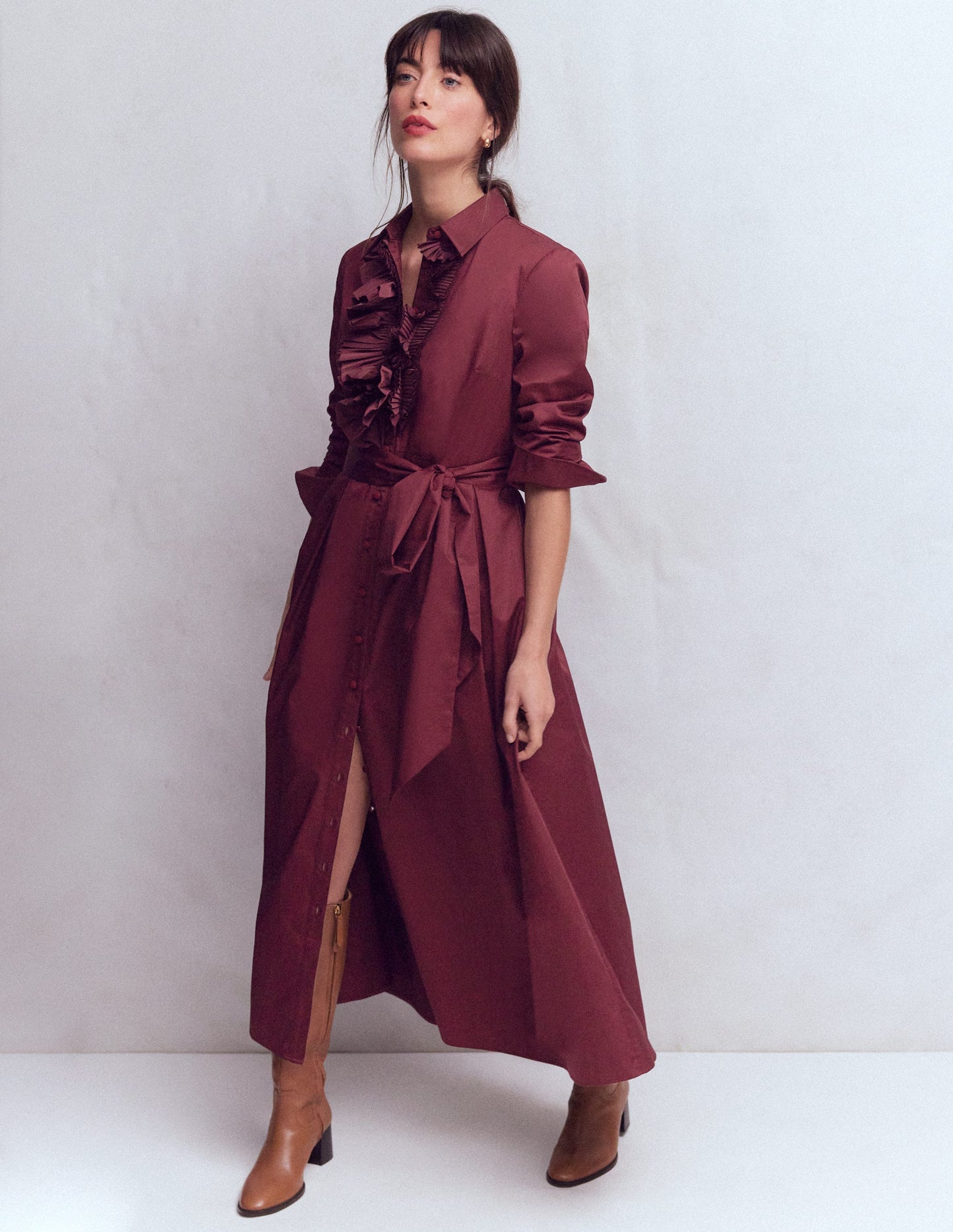 Pleated Ruffle Shirt Dress-Deep Wisteria