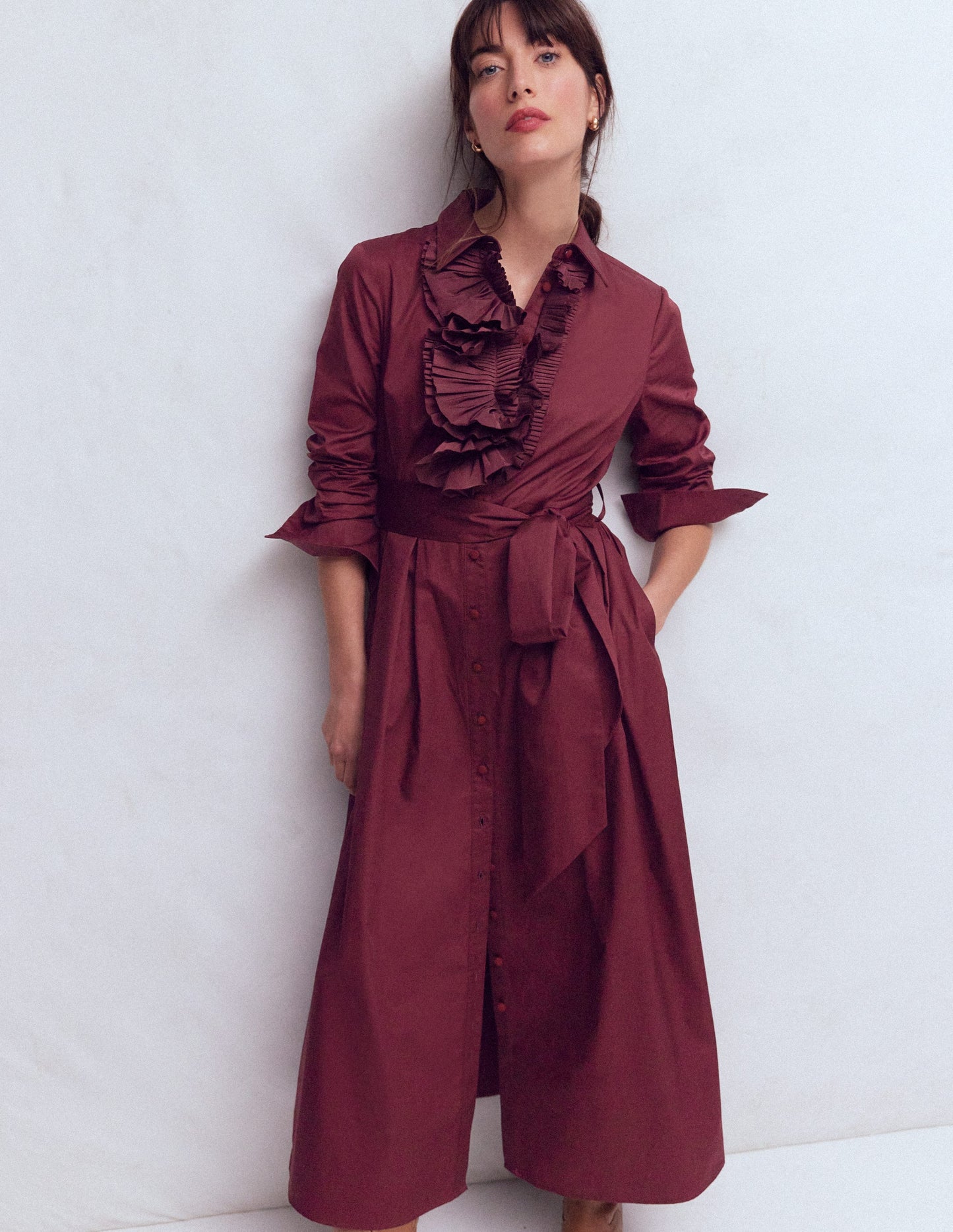 Pleated Ruffle Shirt Dress-Deep Wisteria