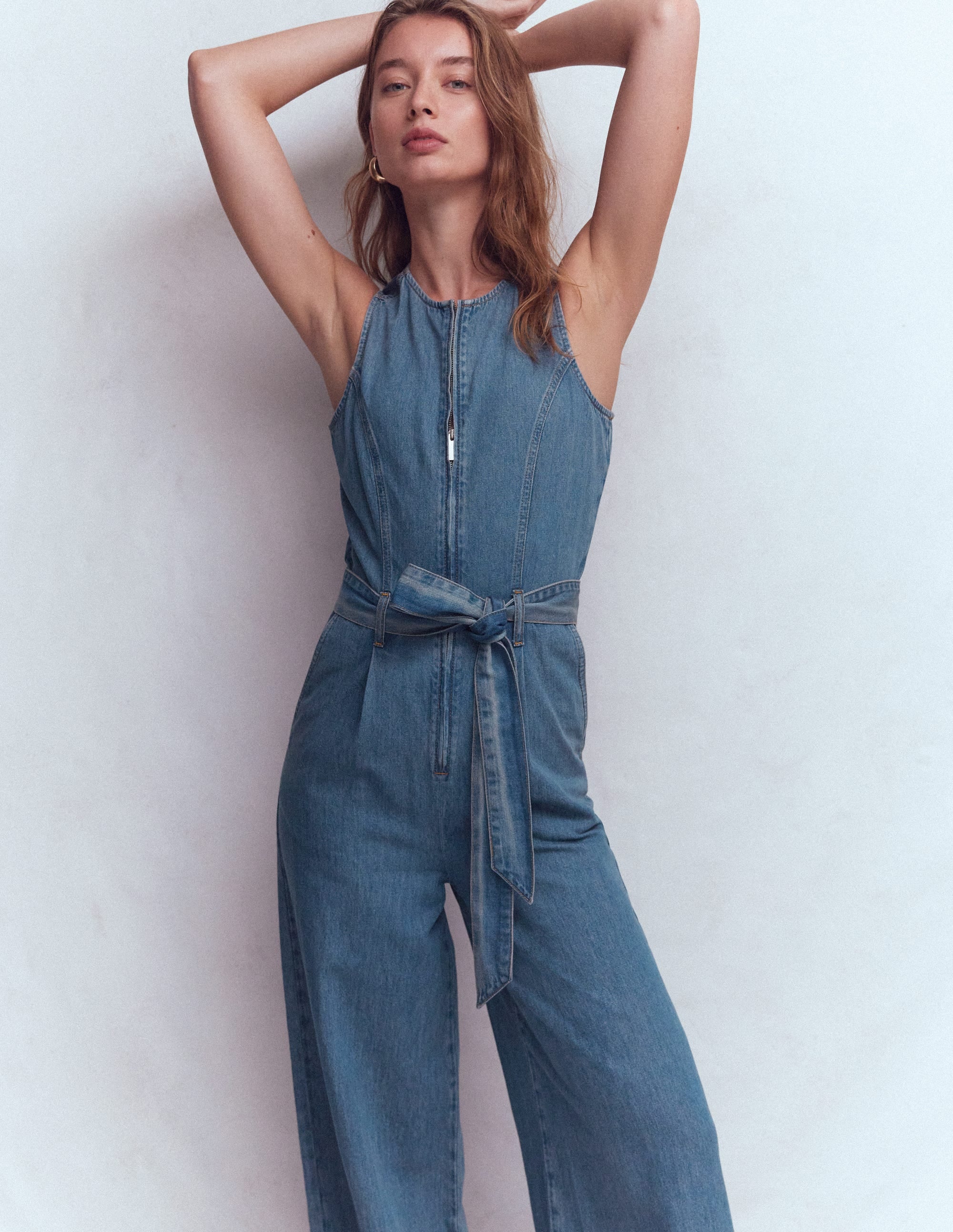 Sleeveless Denim Jumpsuit-Mid Vintage Wash - Image 1