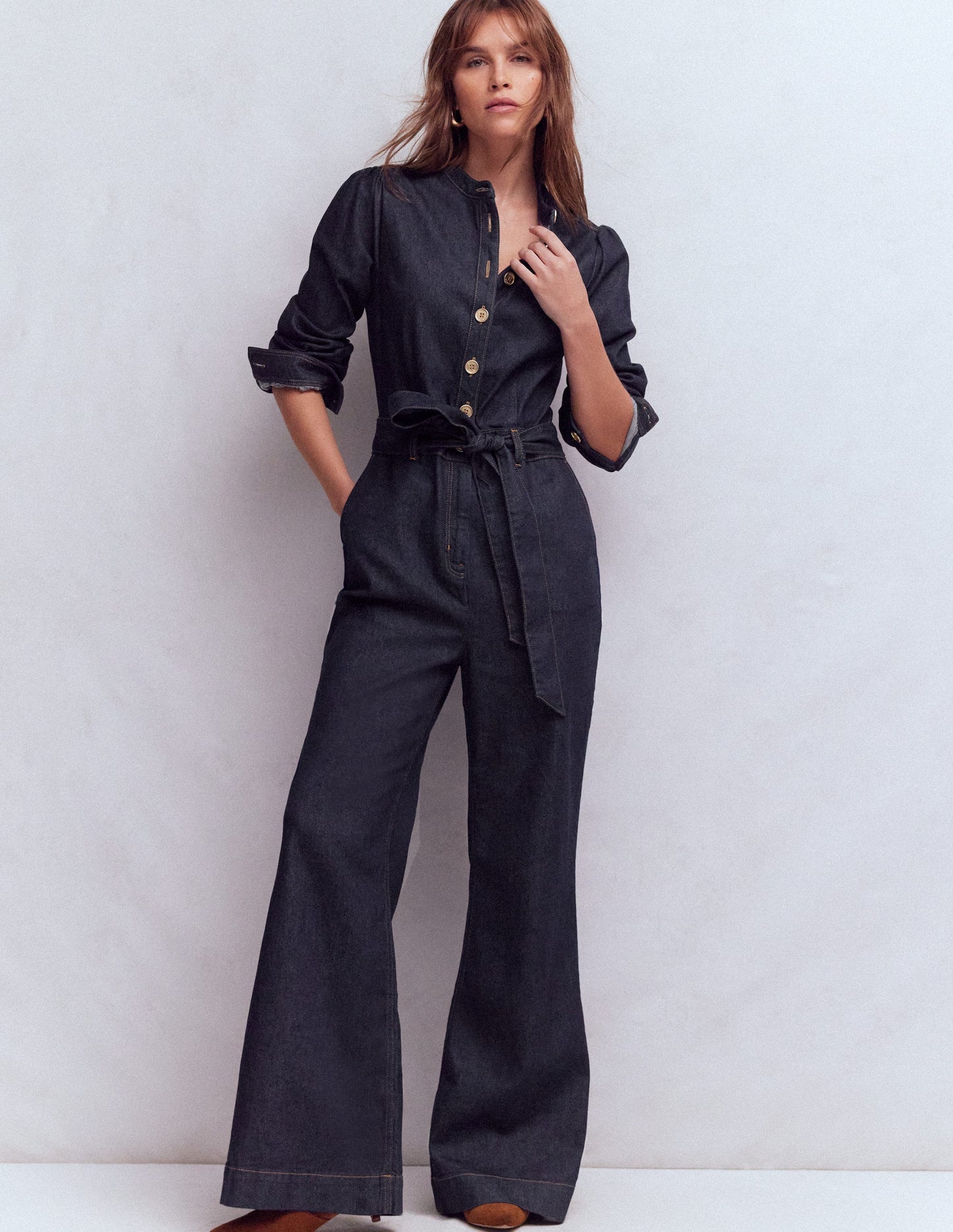Bootcut Button Denim Jumpsuit-Indigo (Rinse Wash)