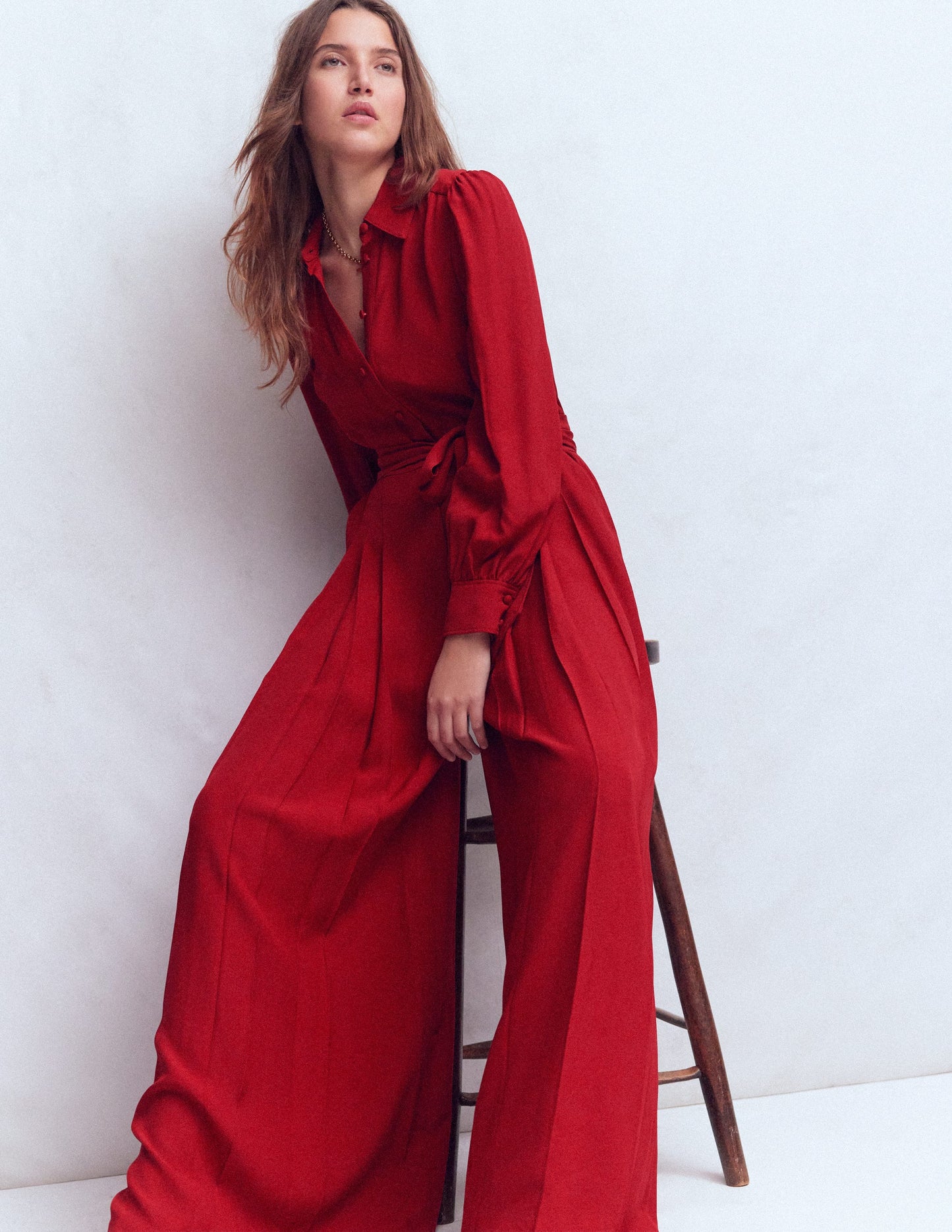 Button Up Palazzo Jumpsuit-Crimson Red