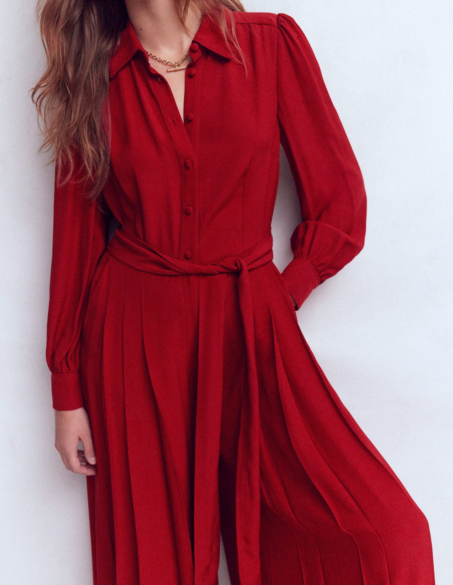 Button Up Palazzo Jumpsuit-Crimson Red
