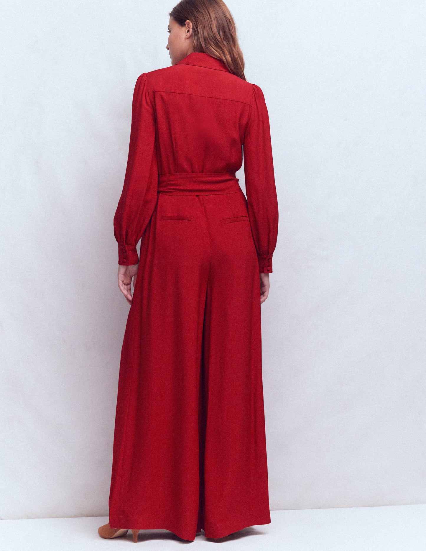 Button Up Palazzo Jumpsuit-Crimson Red