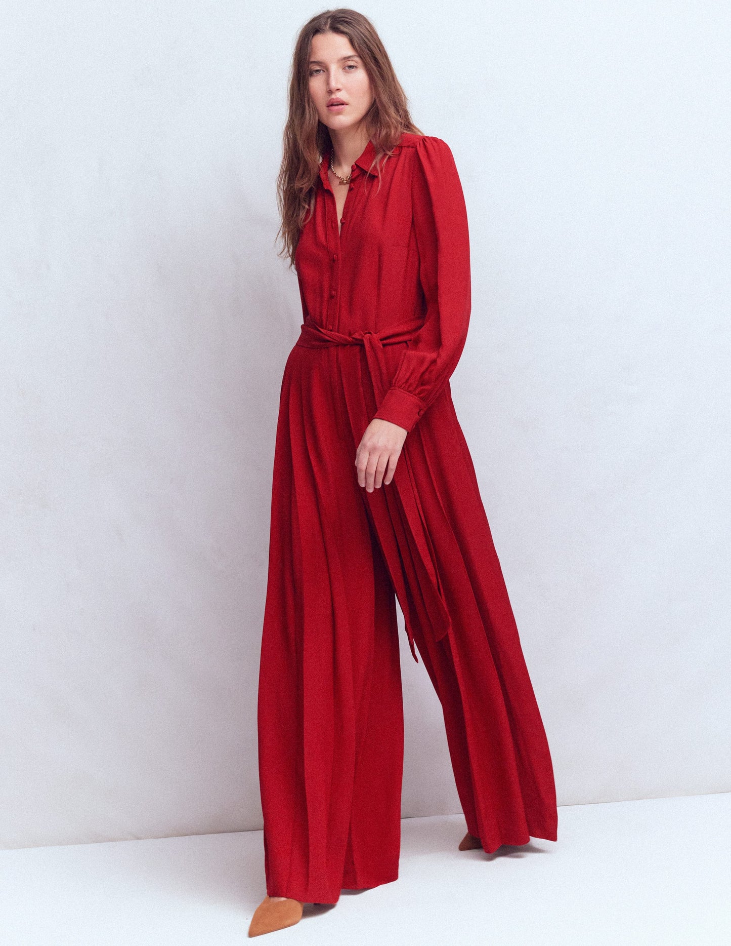 Button Up Palazzo Jumpsuit-Crimson Red