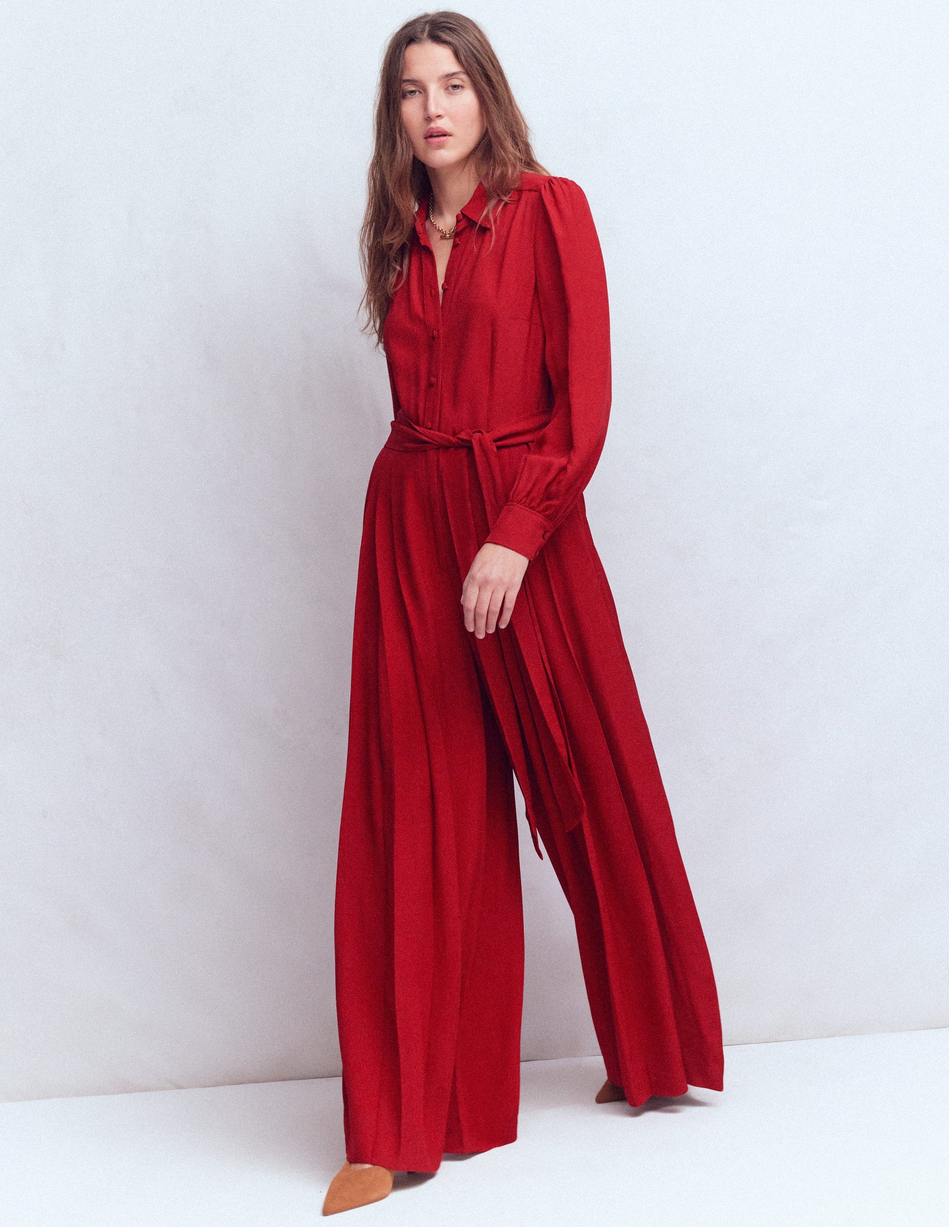 Button Up Palazzo Jumpsuit-Crimson Red-4