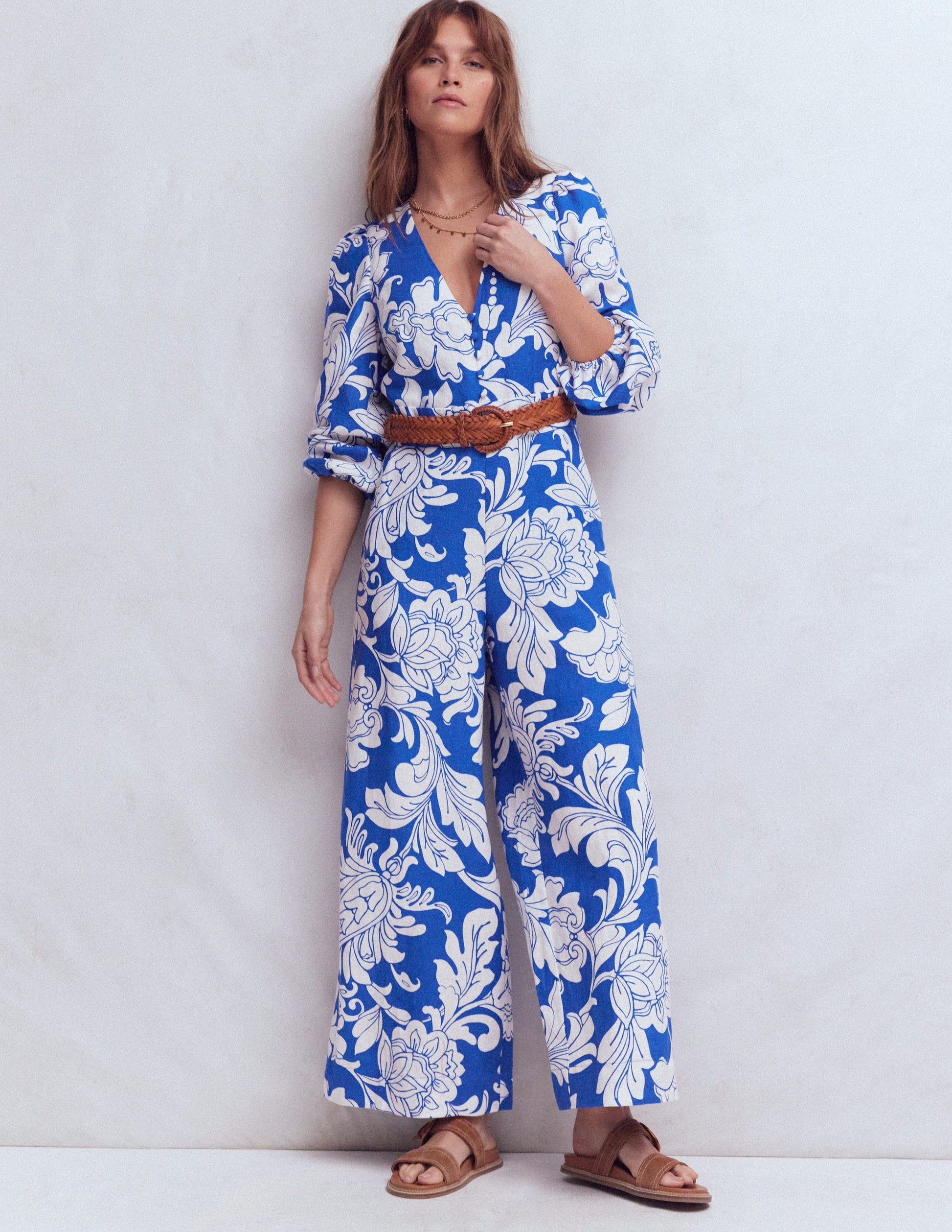 Lola Linen Jumpsuit-Blue Botanical Flourish Mono-1