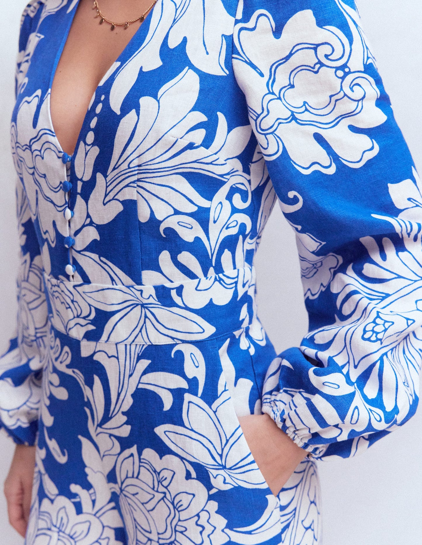 Lola Linen Jumpsuit-Blue Botanical Flourish Mono