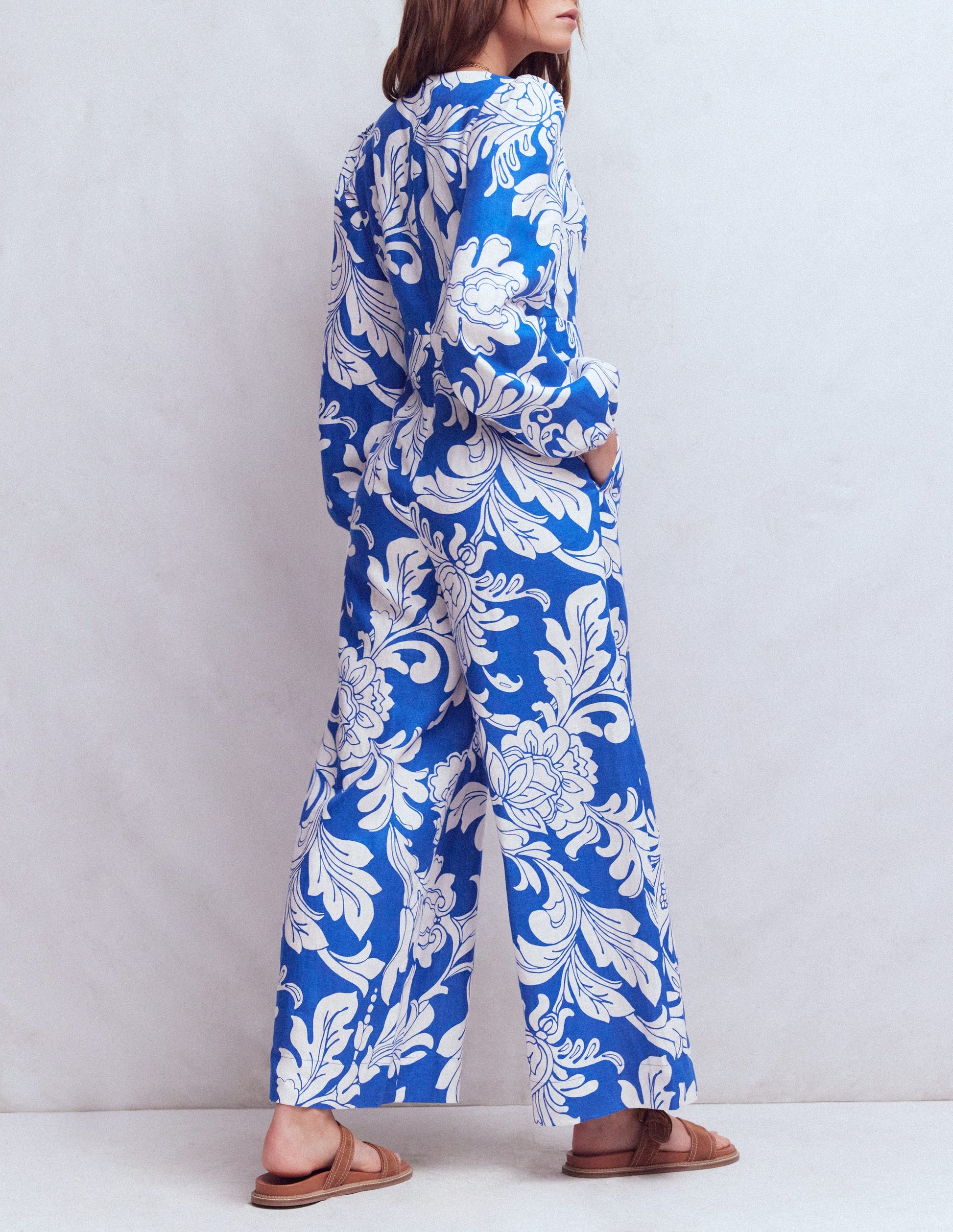 Lola Linen Jumpsuit-Blue Botanical Flourish Mono-3