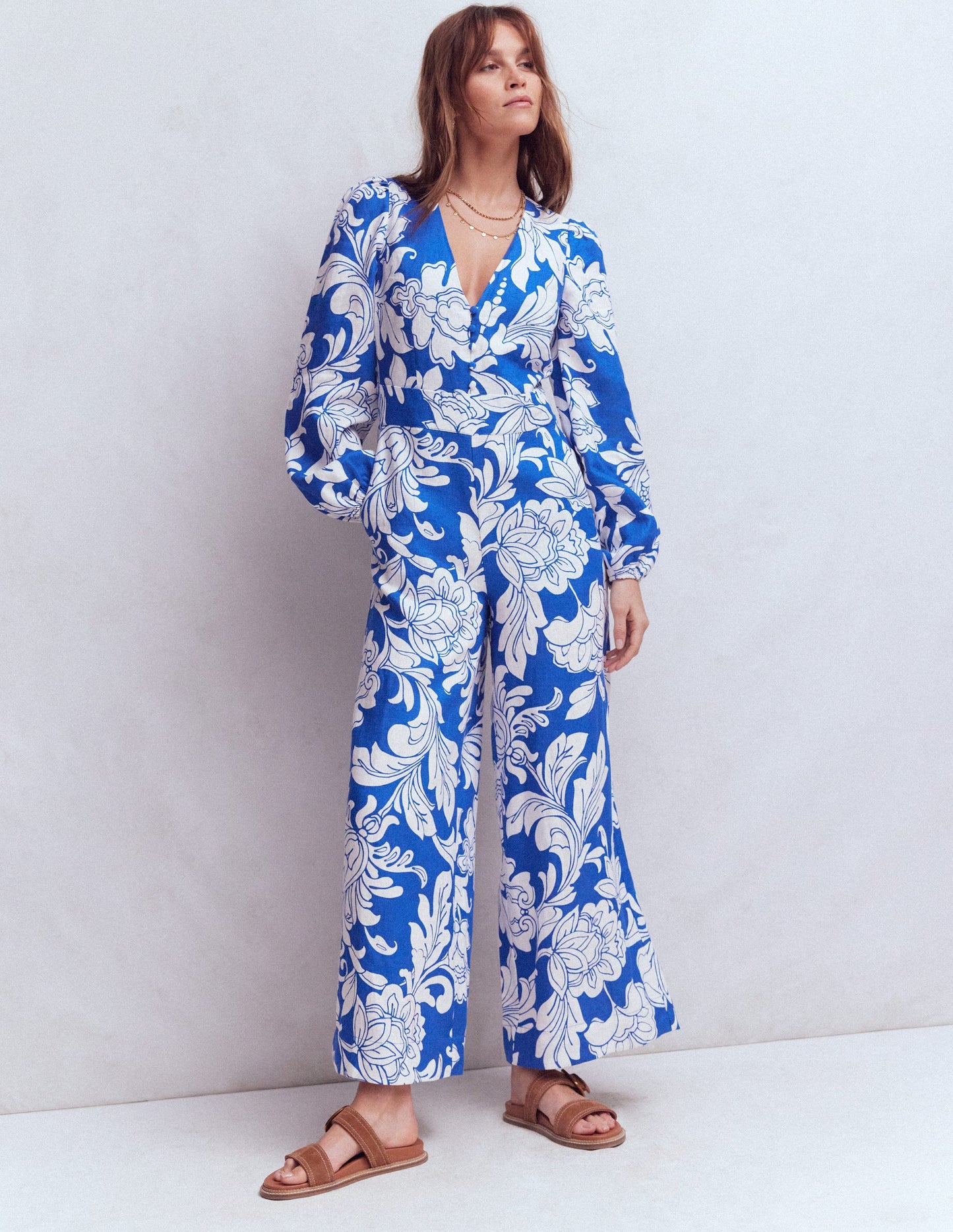 Lola Linen Jumpsuit-Blue Botanical Flourish Mono