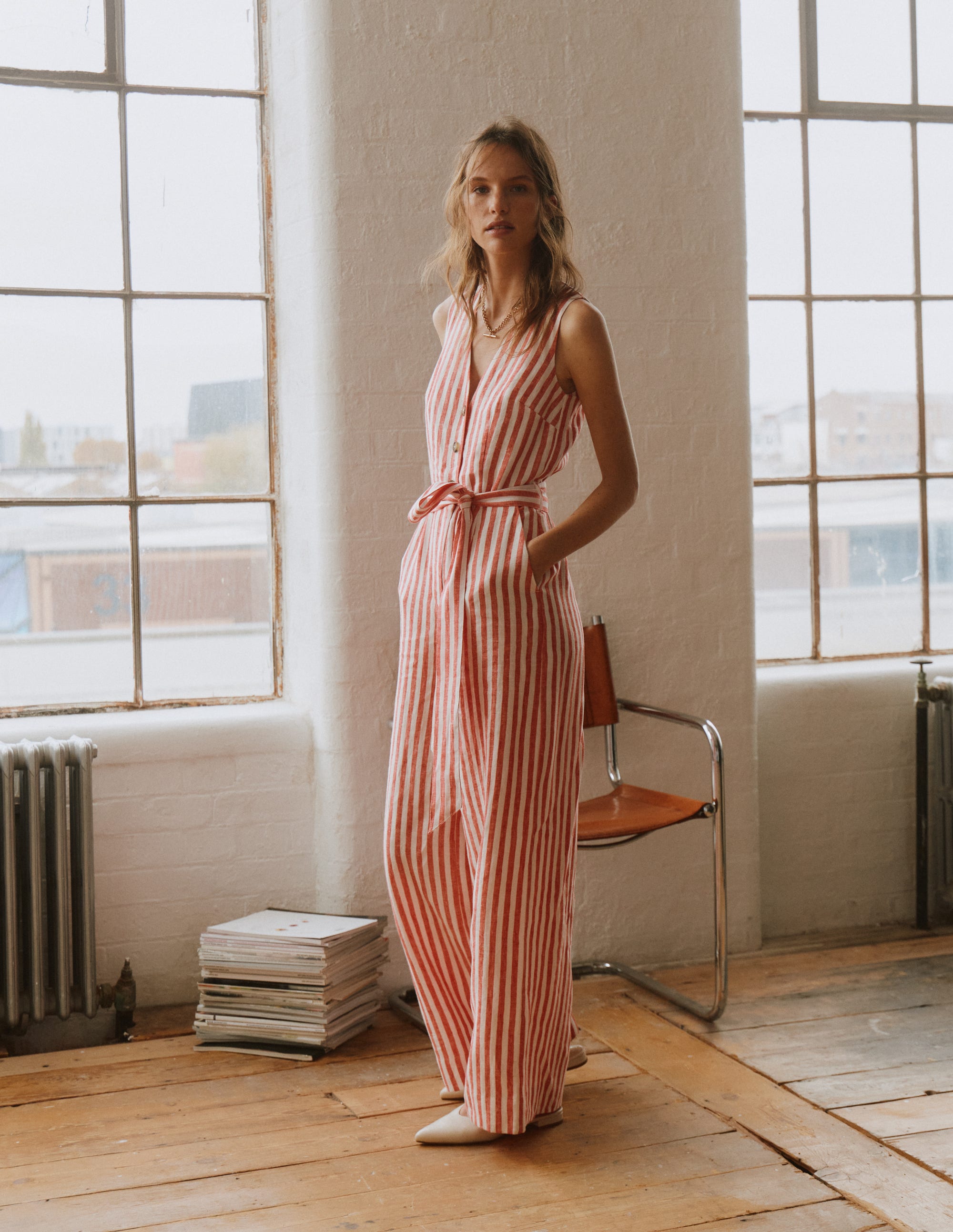 Laura V-neck Linen Jumpsuit-Red, Ivory Stripe - Image 6