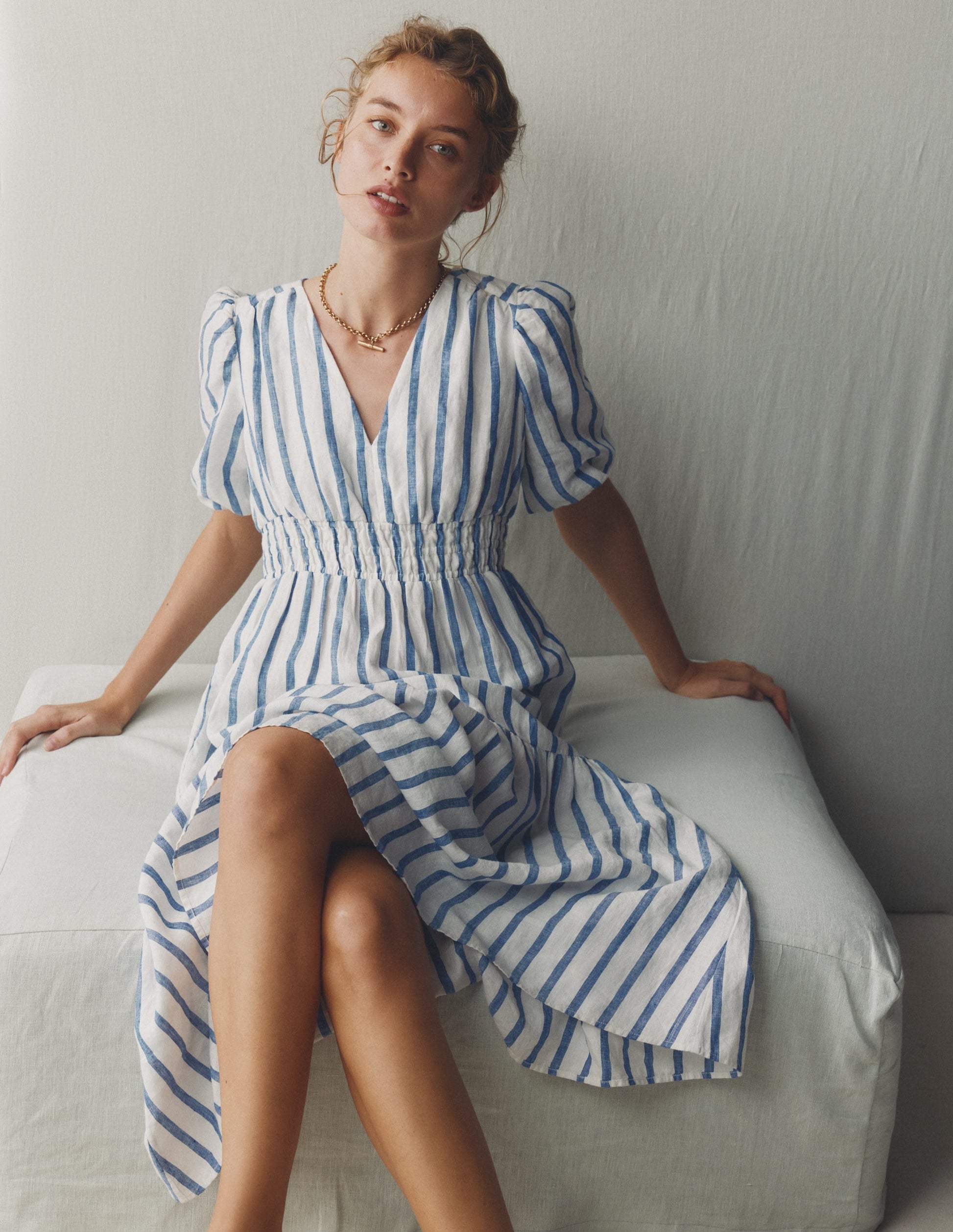 Irene Linen Midi Dress-Blue Stripe-1