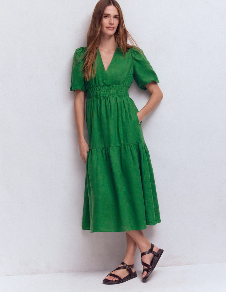 Irene Puff Sleeve Linen Dress-Highland Green