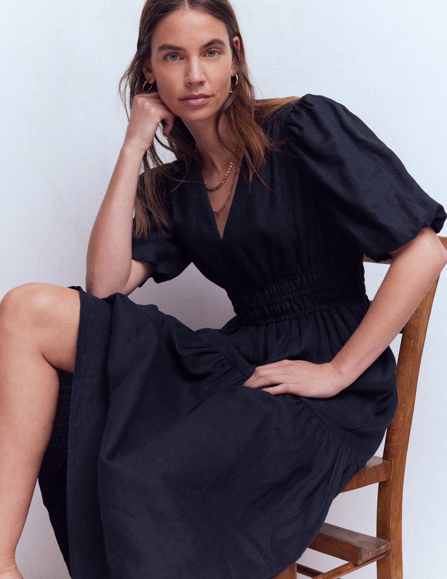 Irene Puff Sleeve Linen Dress-Navy