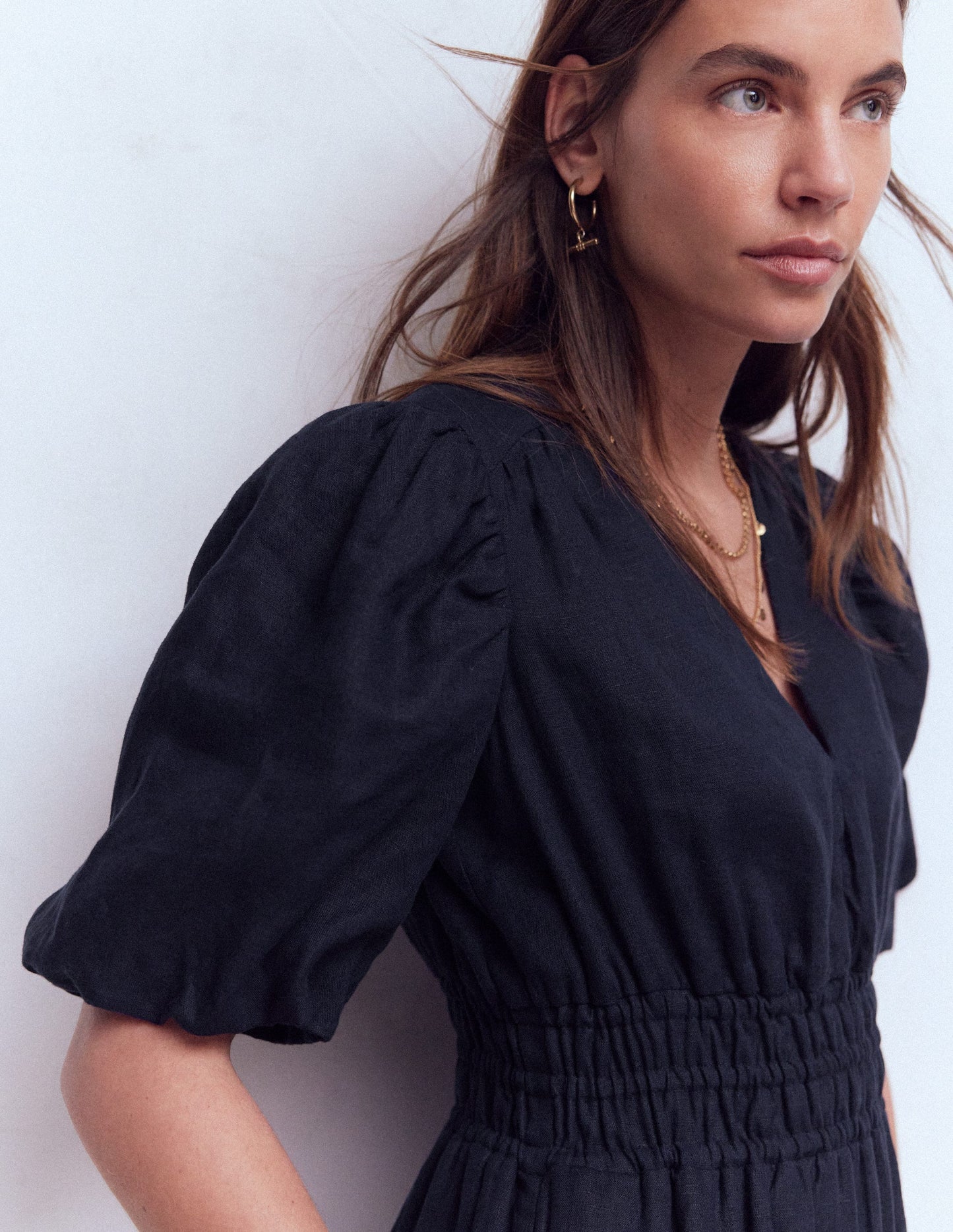Irene Puff Sleeve Linen Dress-Navy