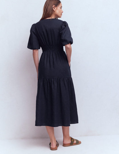 Irene Puff Sleeve Linen Dress-Navy-3
