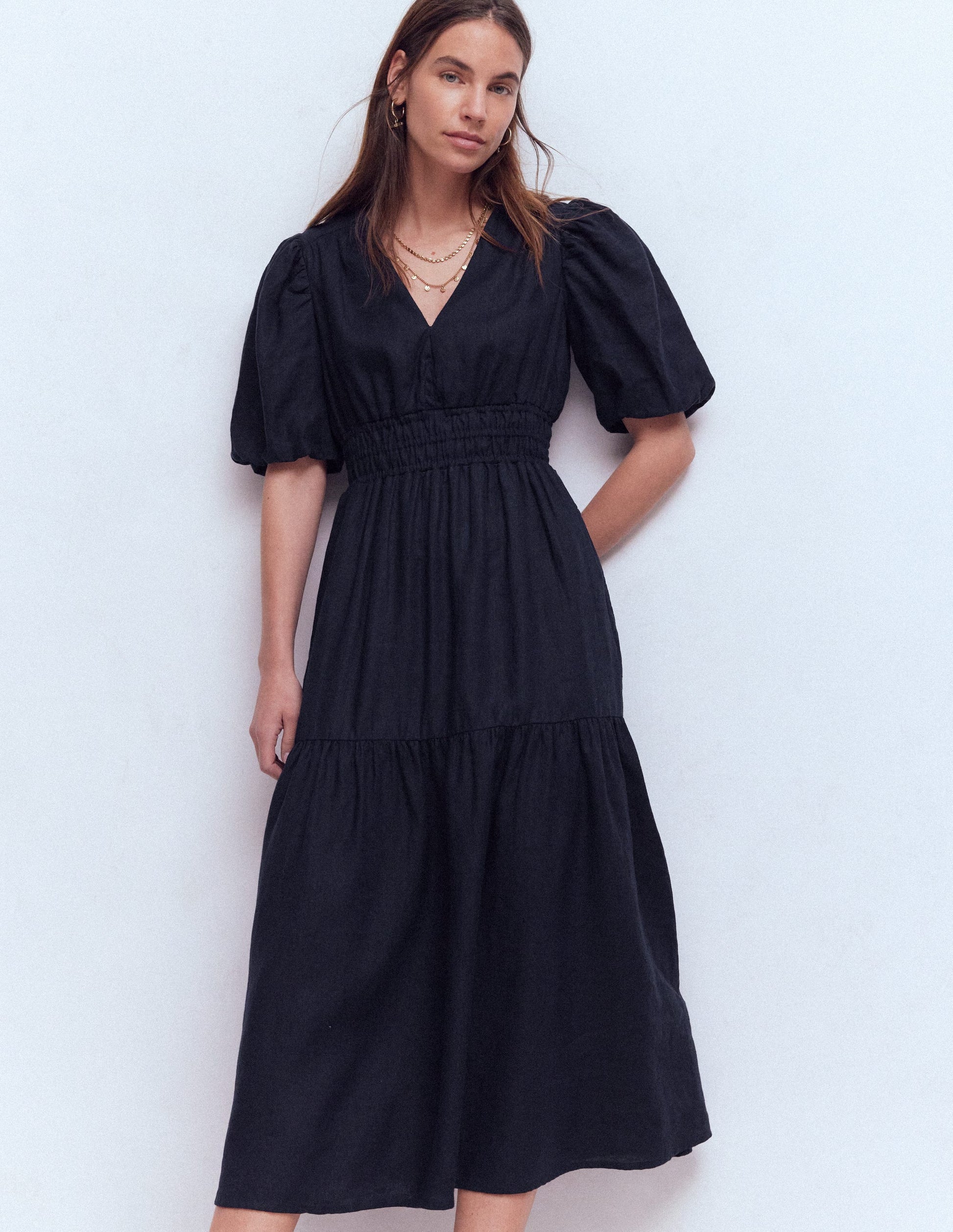Irene Puff Sleeve Linen Dress-Navy-4