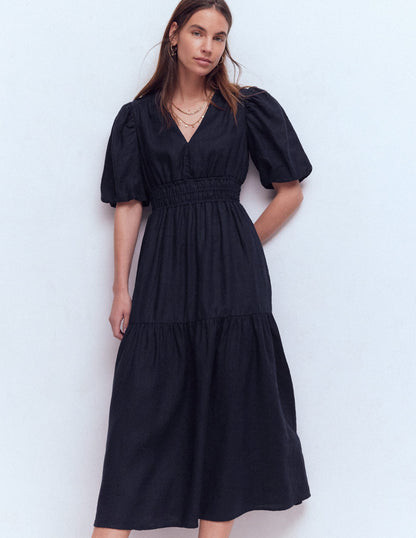Irene Puff Sleeve Linen Dress-Navy-4