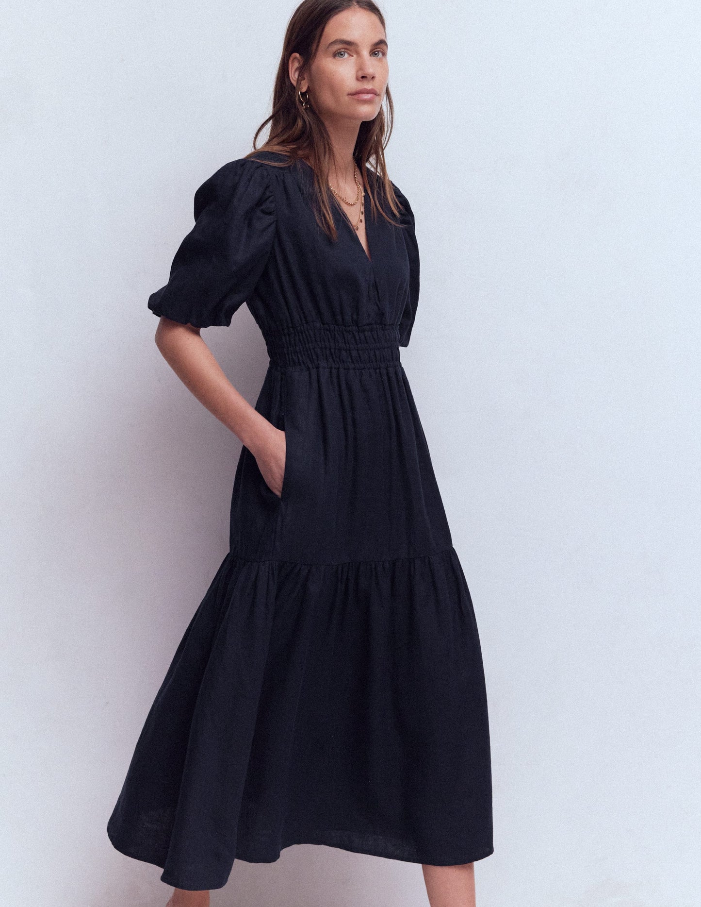 Irene Puff Sleeve Linen Dress-Navy
