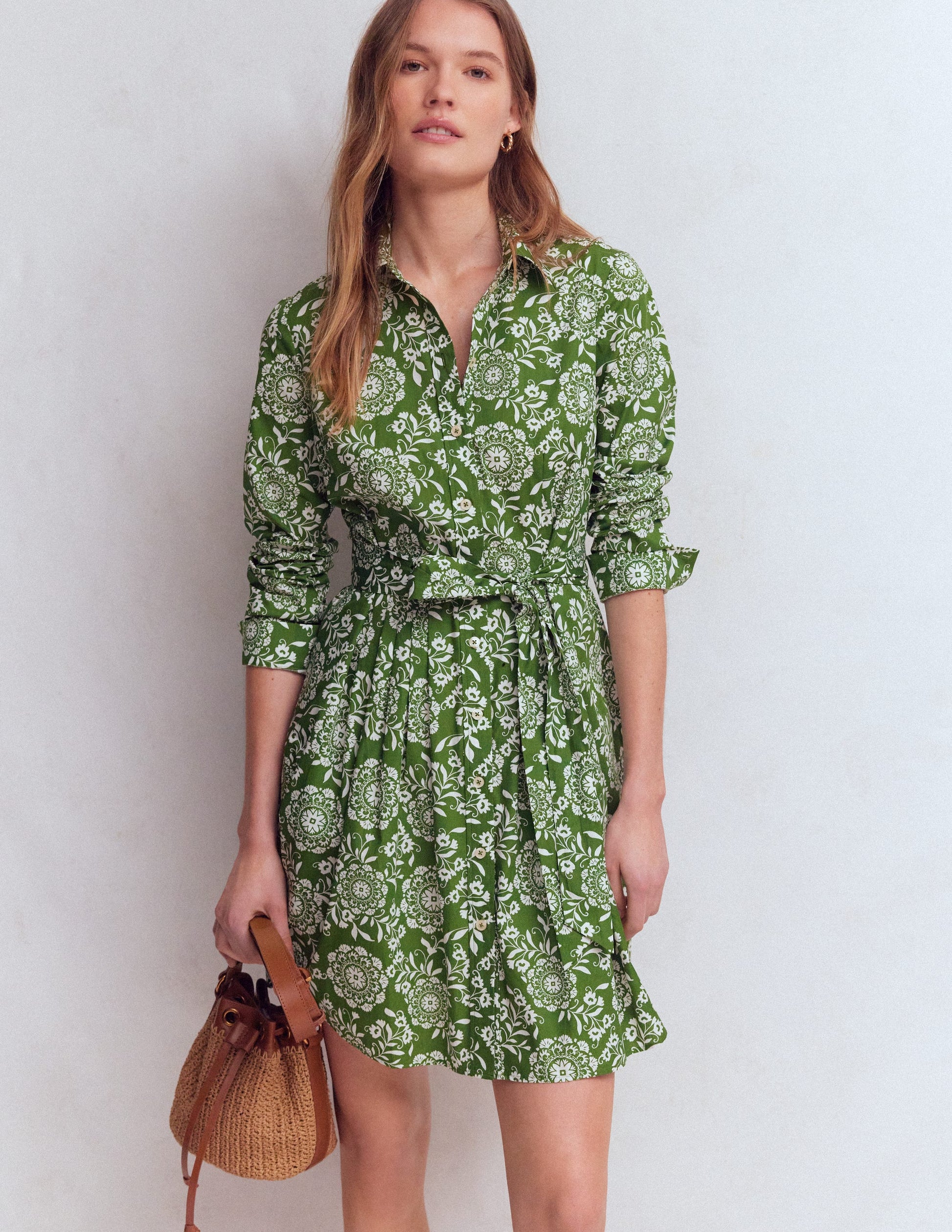 Alexa Long Sleeve Short Dress-Green, Decorative Blossom-1