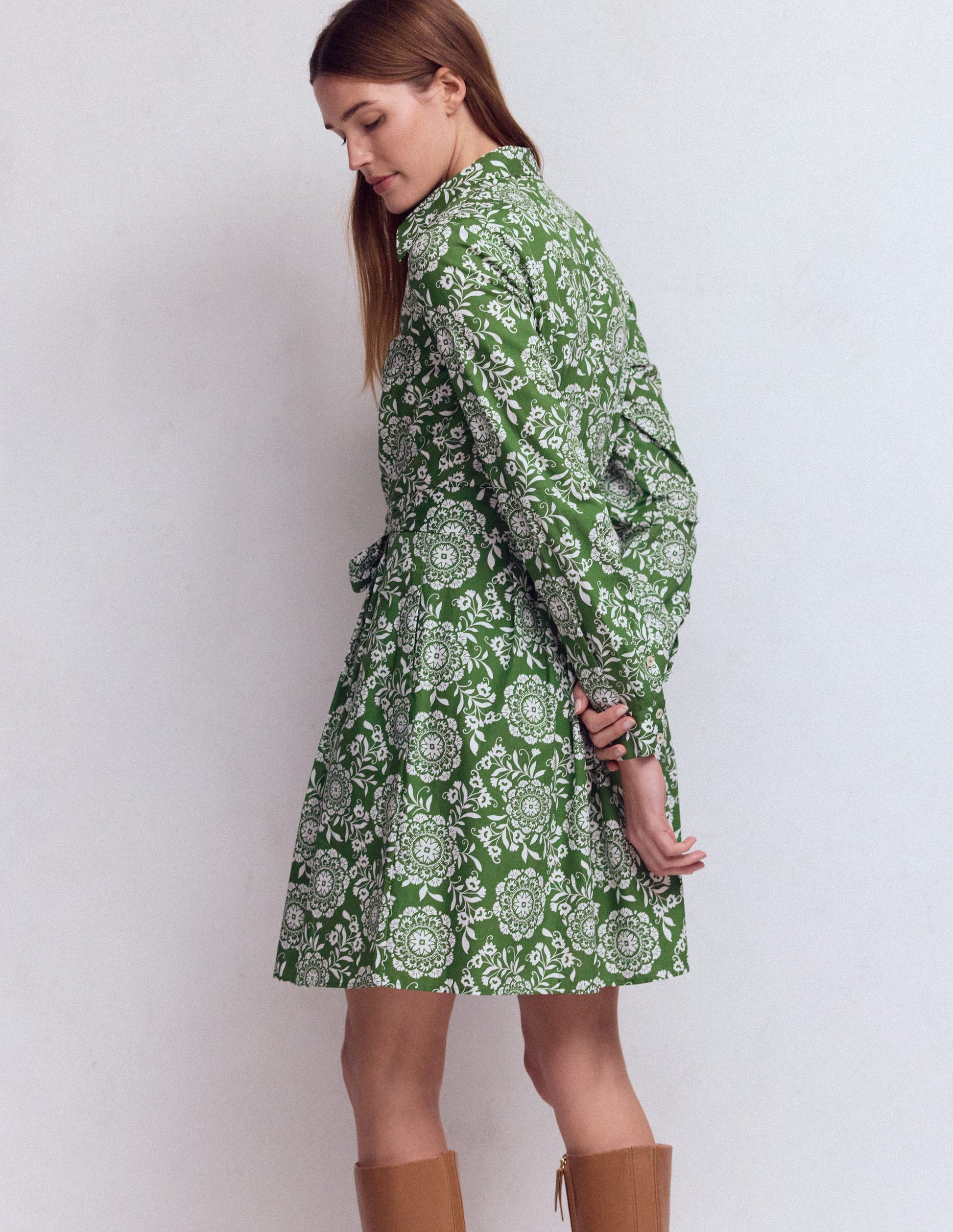 Alexa Long Sleeve Short Dress-Green, Decorative Blossom-3