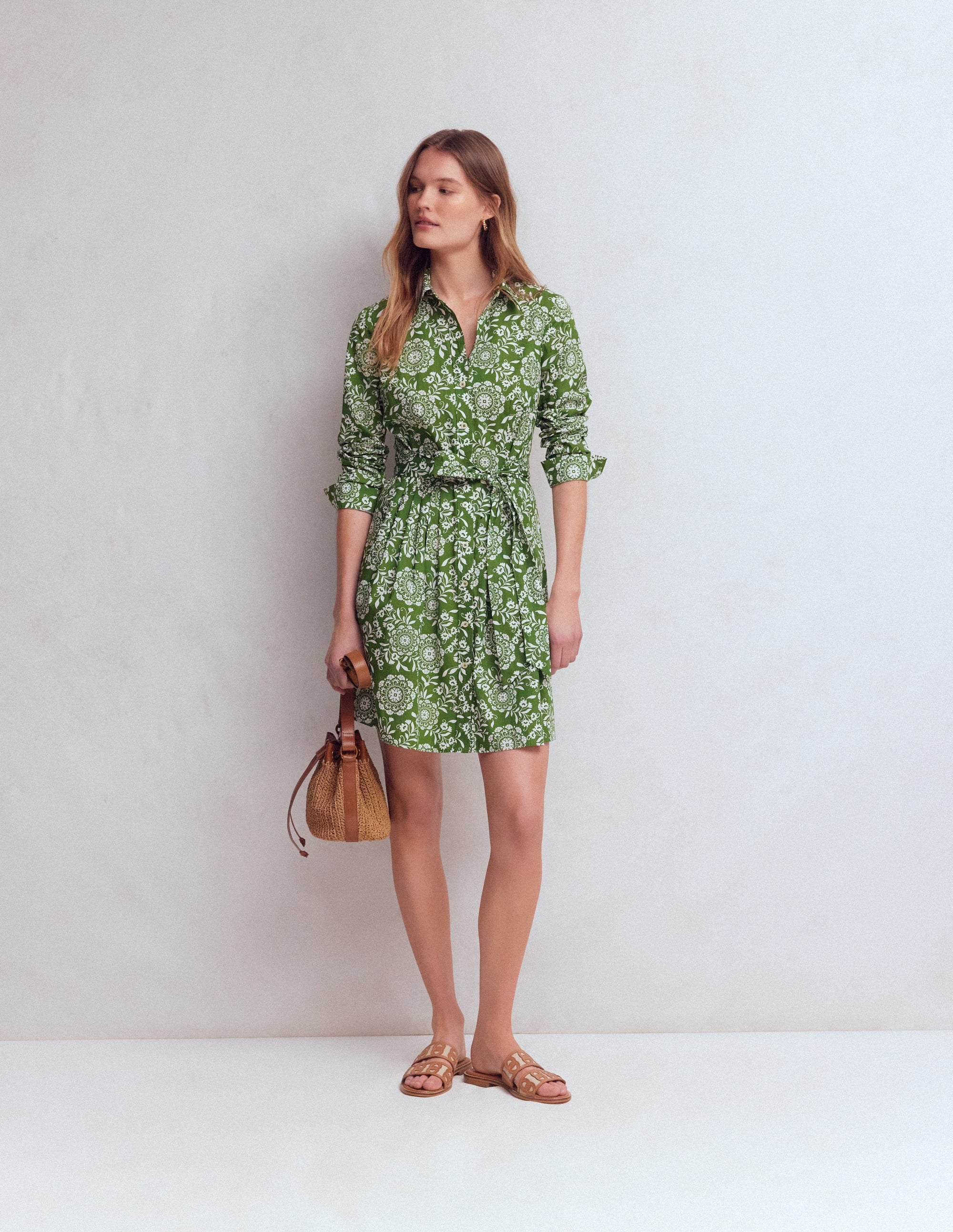 Alexa Long Sleeve Short Dress-Green, Decorative Blossom - Image 4
