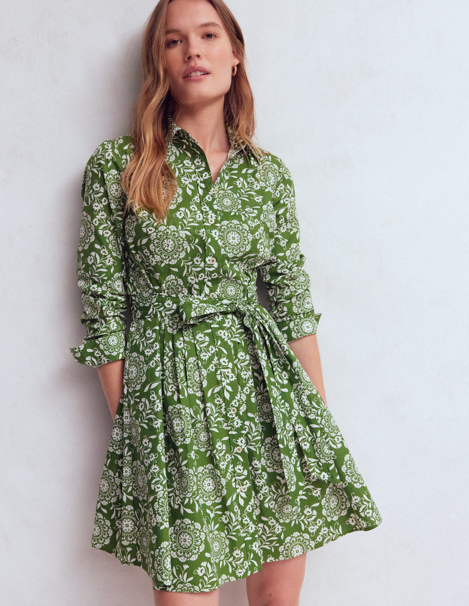 Alexa Long Sleeve Short Dress-Green, Decorative Blossom-6