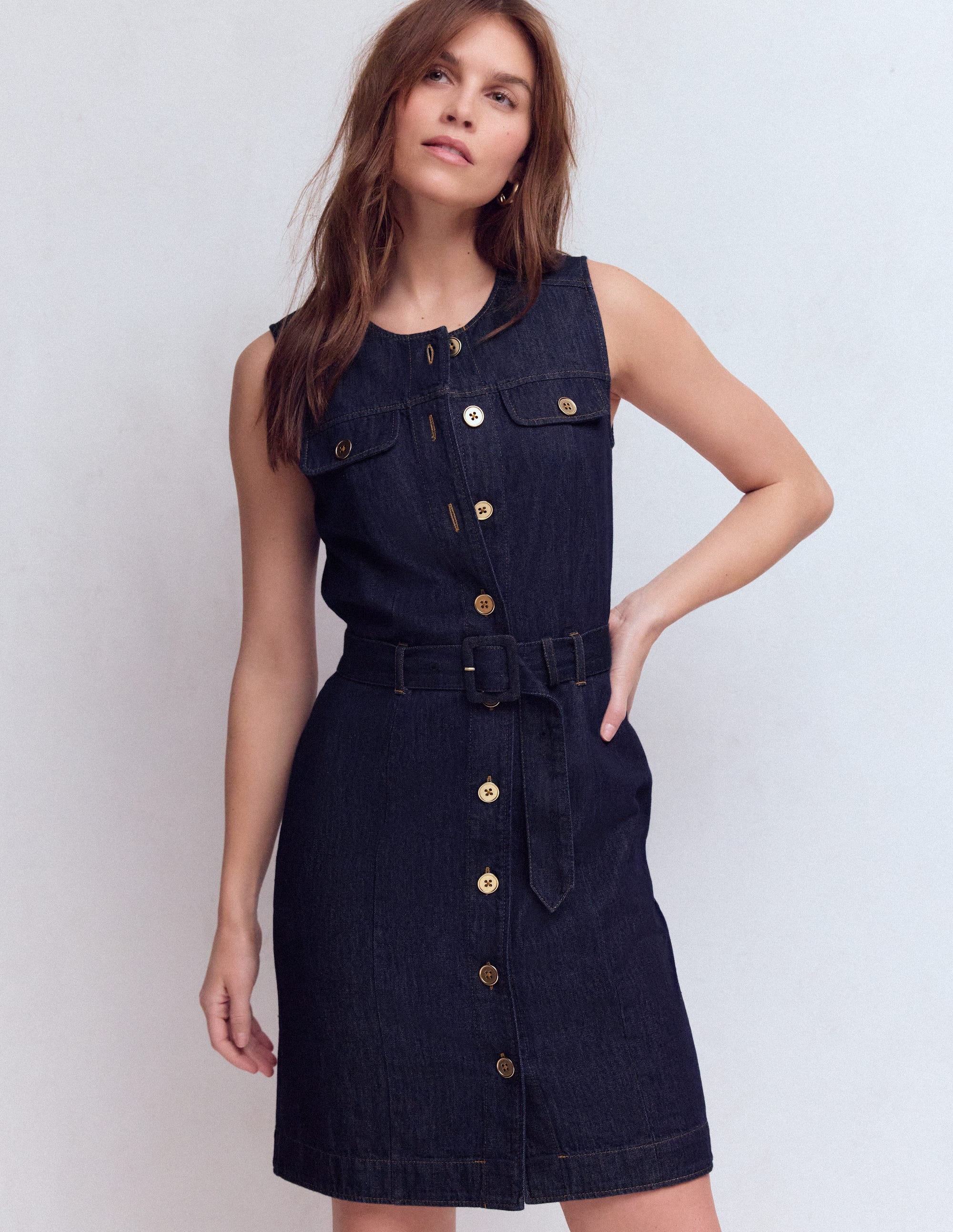 Short Gold Button Denim Dress-Indigo - Image 1