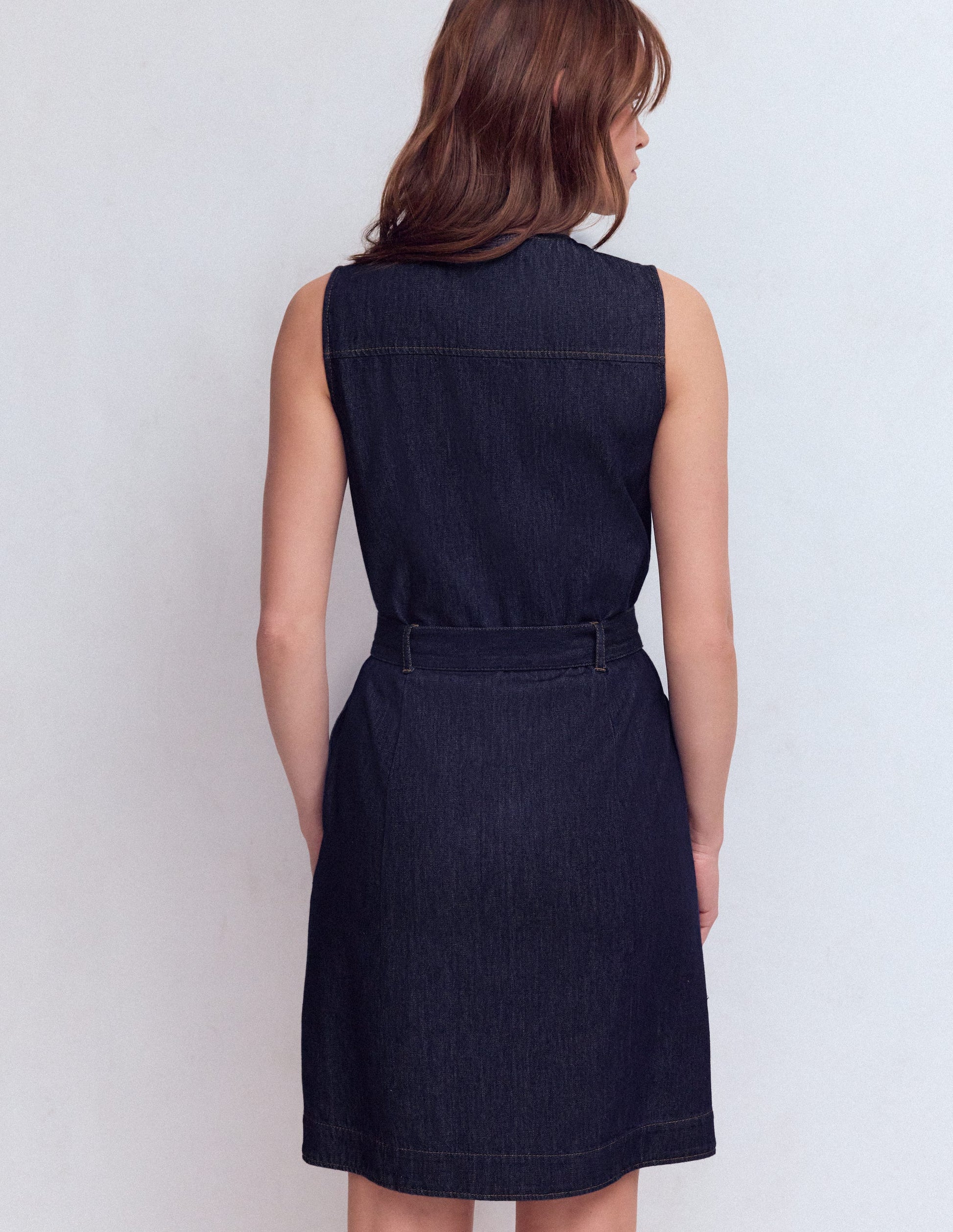 Short Gold Button Denim Dress-Indigo