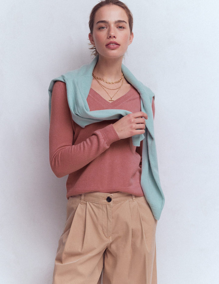 Eva Cashmere V-neck Jumper-Camelia Pink