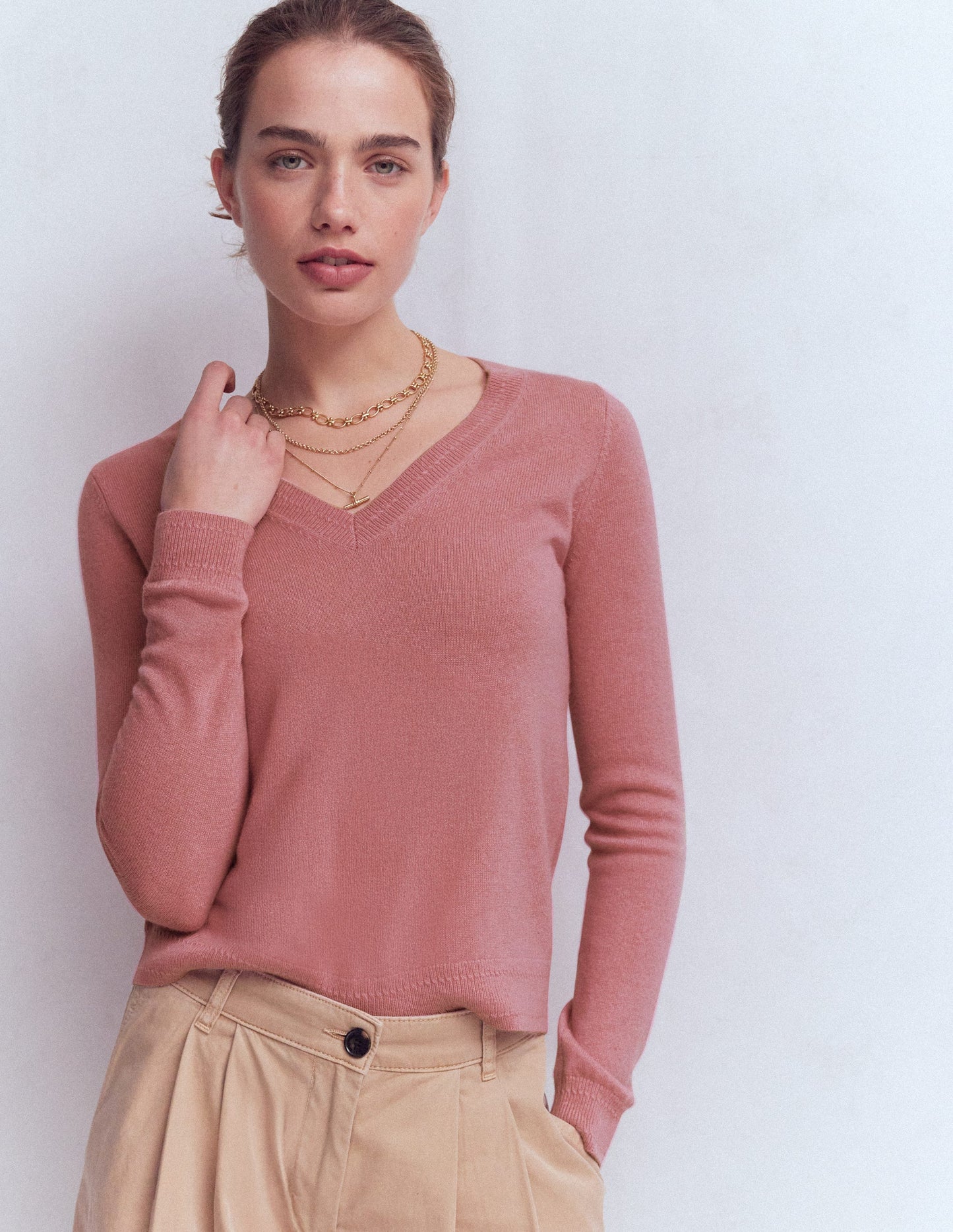 Eva Cashmere V-neck Jumper-Camelia Pink