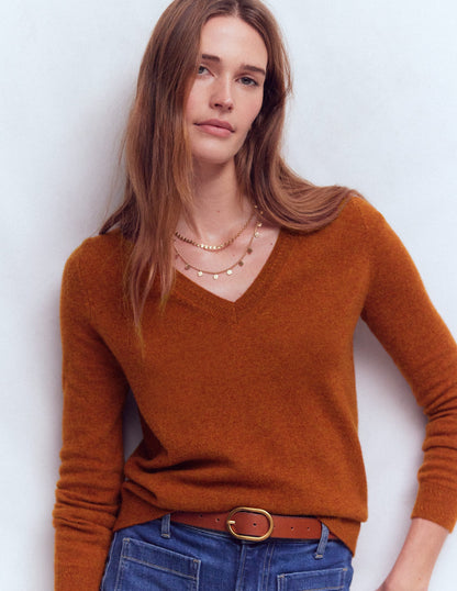 Eva Cashmere V-neck Jumper-Cognac Melange-4