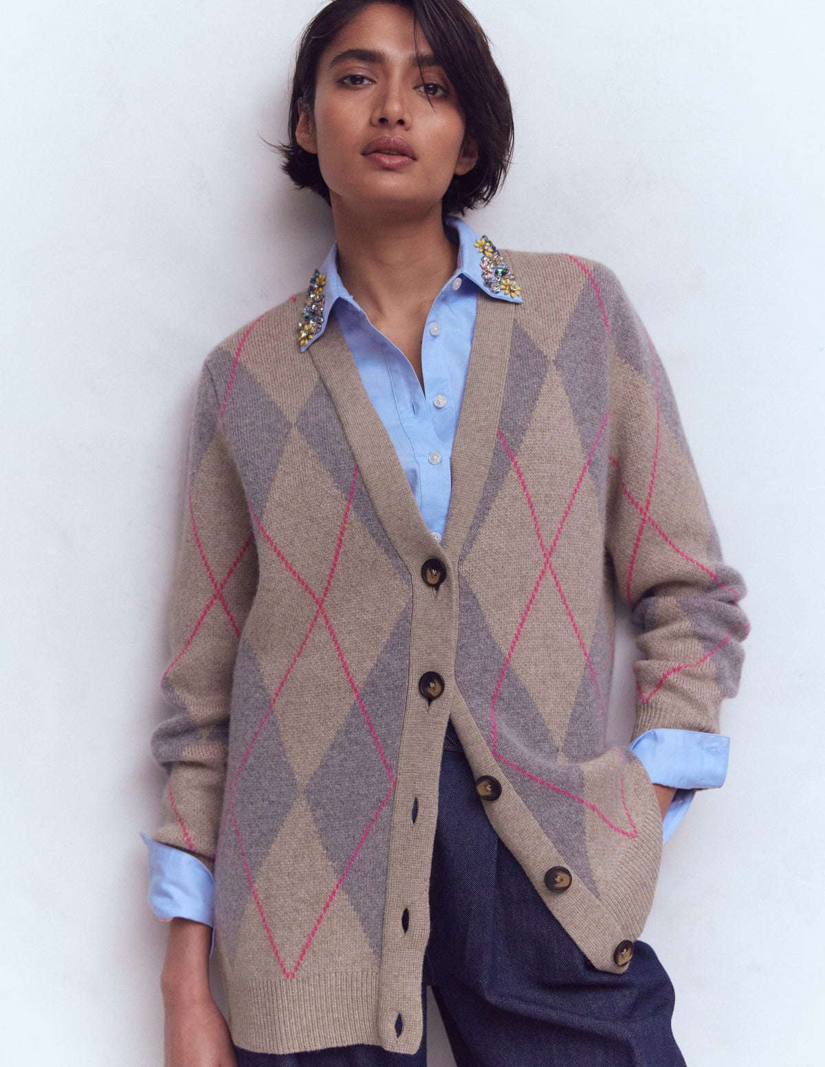 Quinn Boyfriend Cardigan-Neutral Argyle - Image 1