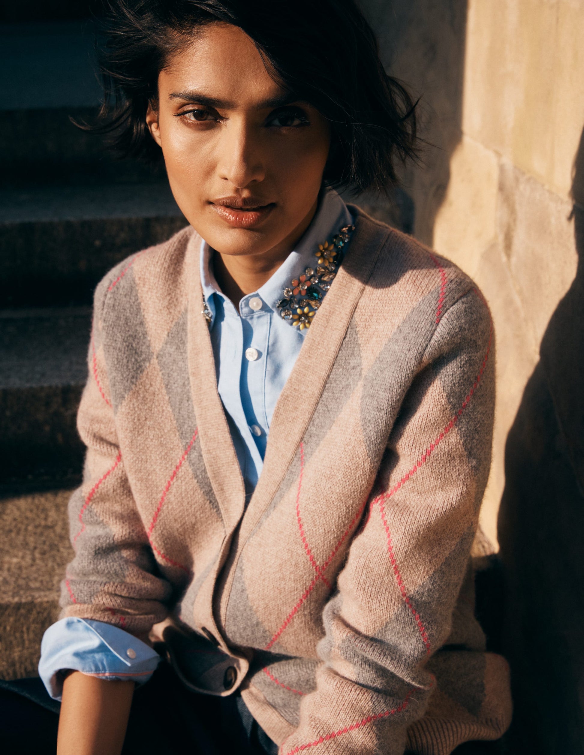 Quinn Boyfriend Cardigan-Neutral Argyle-1