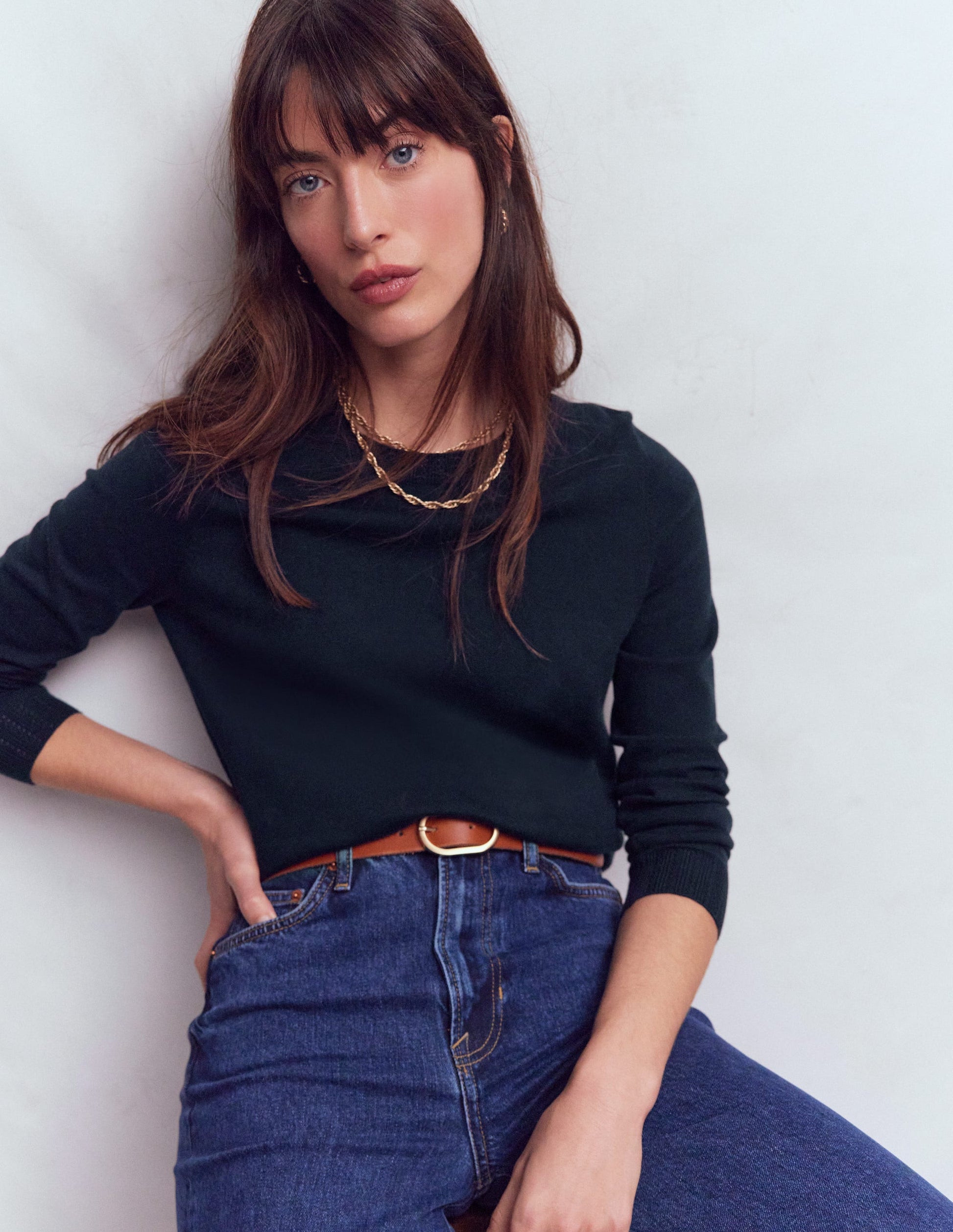 Emilia Cotton Crew Jumper-Navy | Boden UK