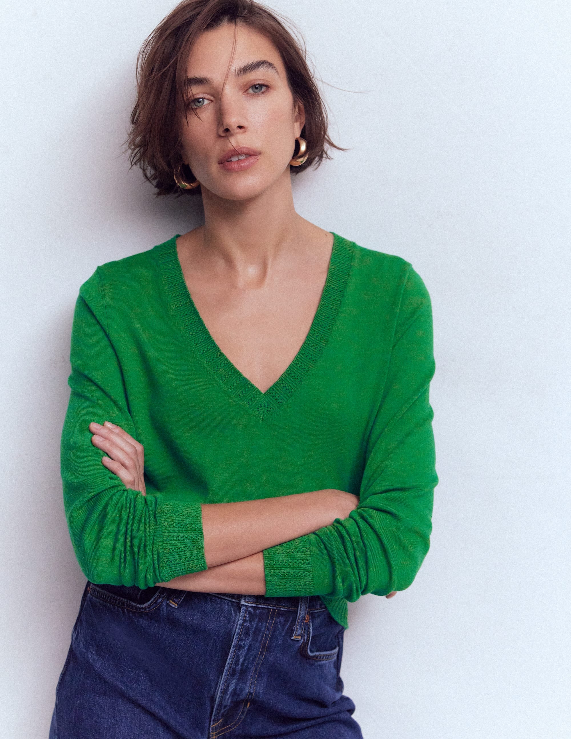 Emilia Cotton V-Neck Jumper-Rich Emerald - Image 1
