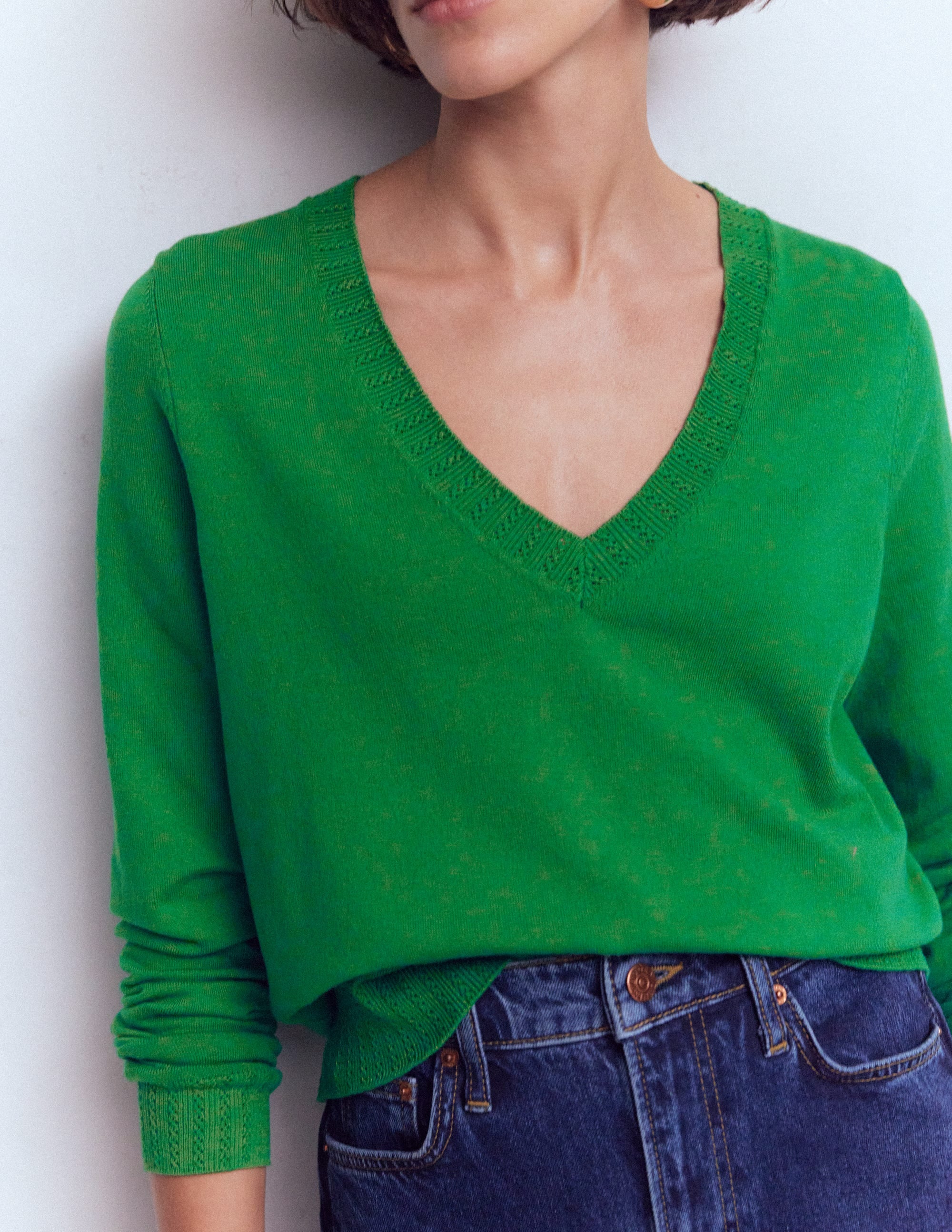 Emilia Cotton V-Neck Jumper-Rich Emerald - Image 2