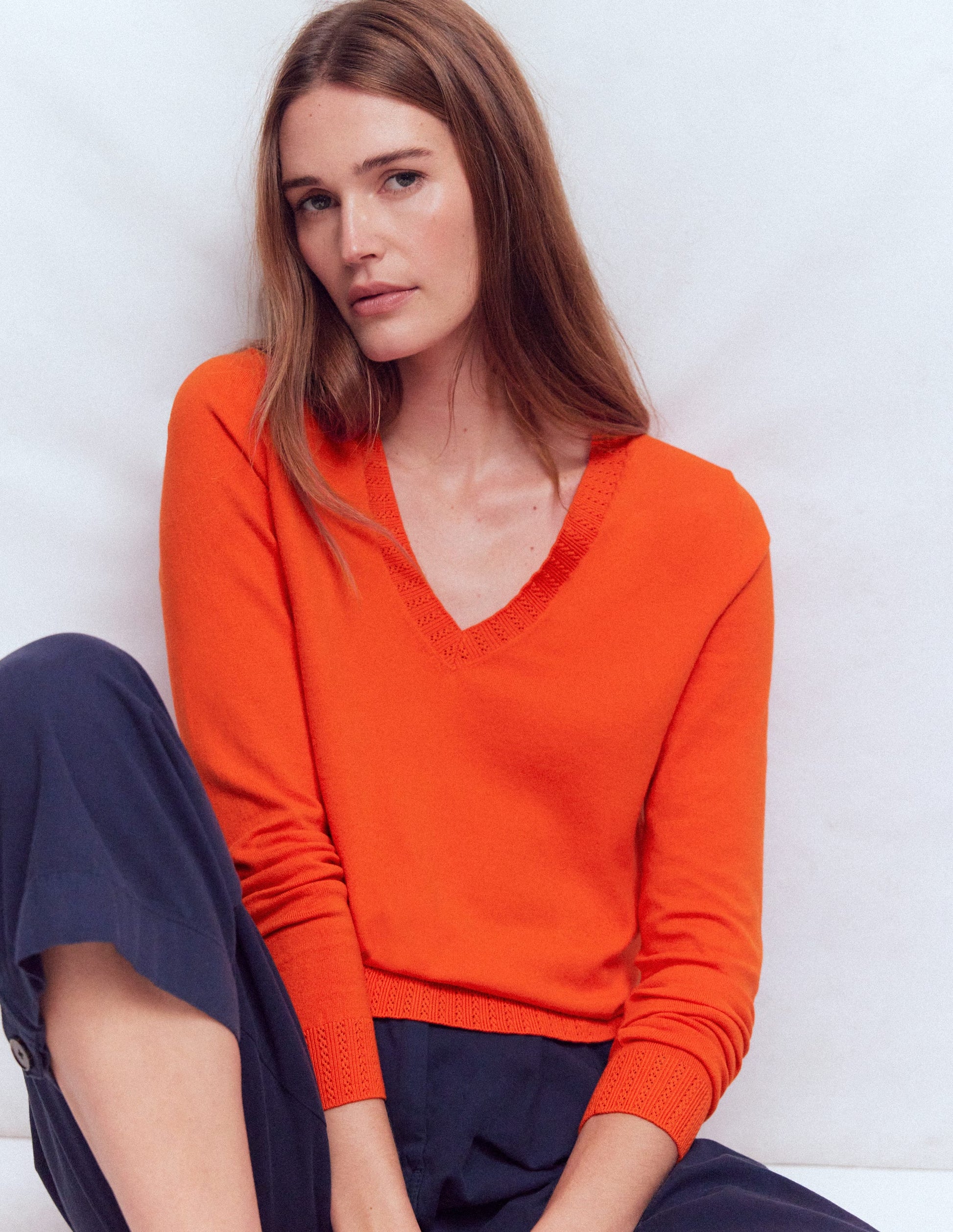 Emilia Cotton V-Neck Jumper-Sunset Orange-1