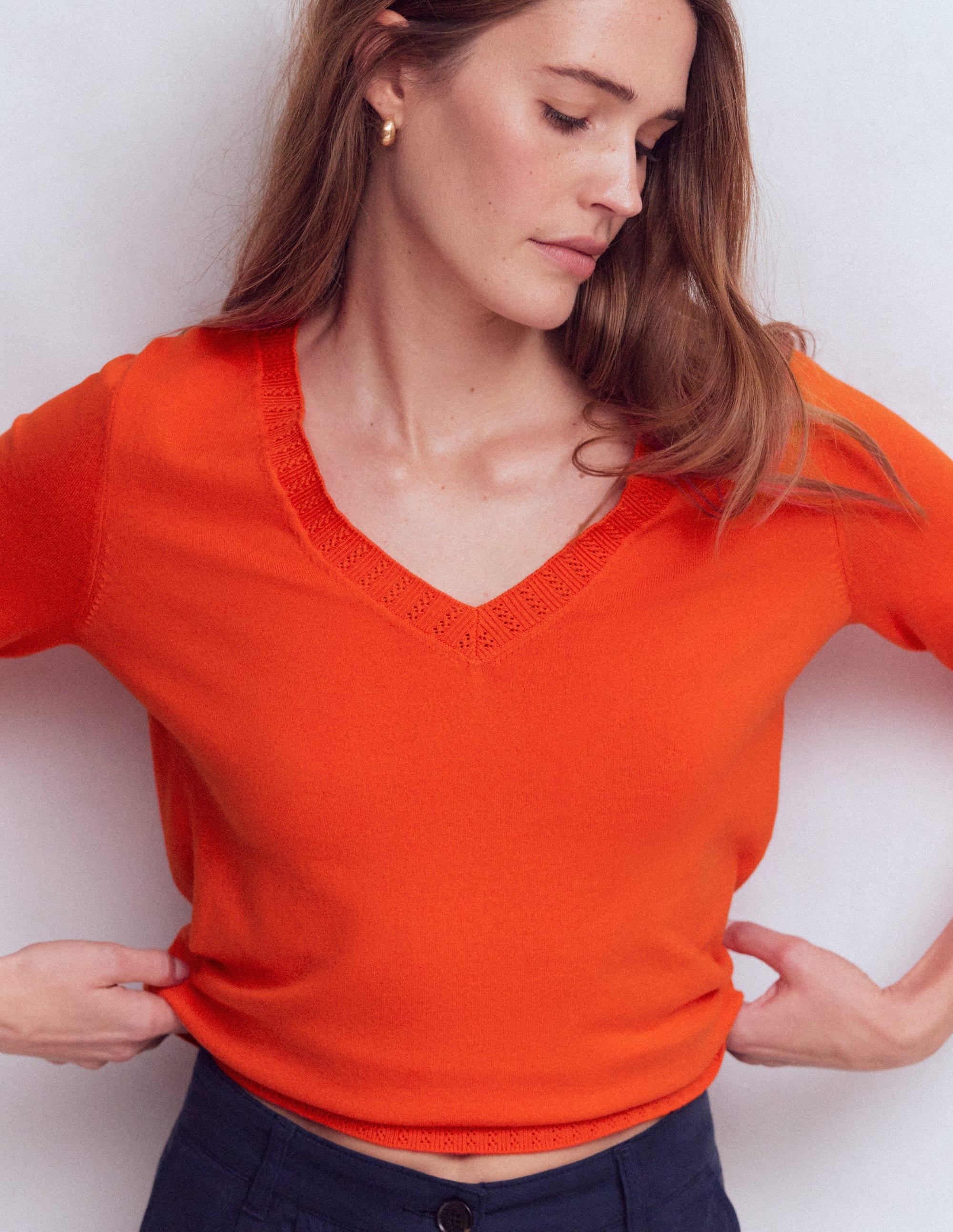 Emilia Cotton V-Neck Jumper-Sunset Orange - Image 2