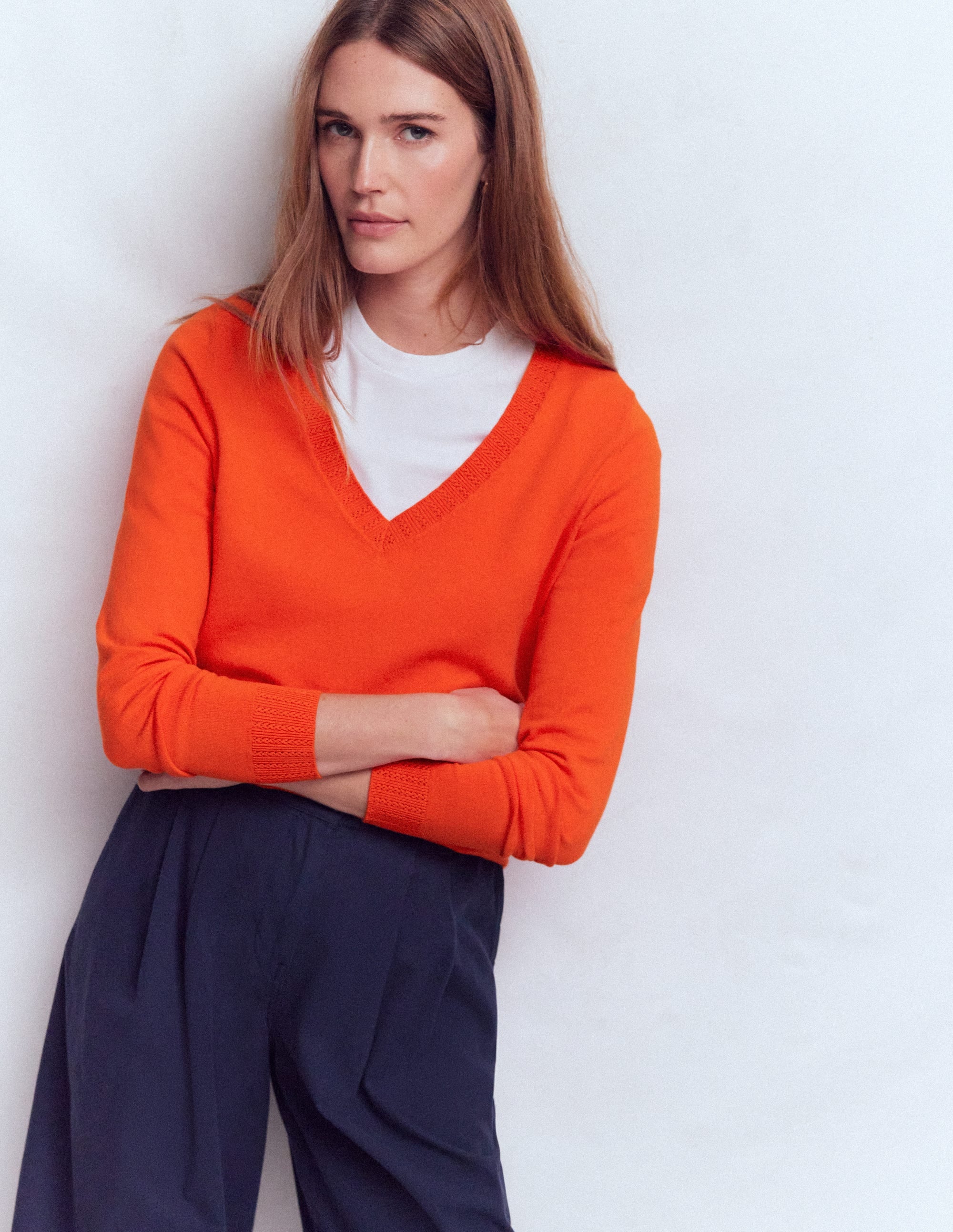 Emilia Cotton V-Neck Jumper-Sunset Orange - Image 4