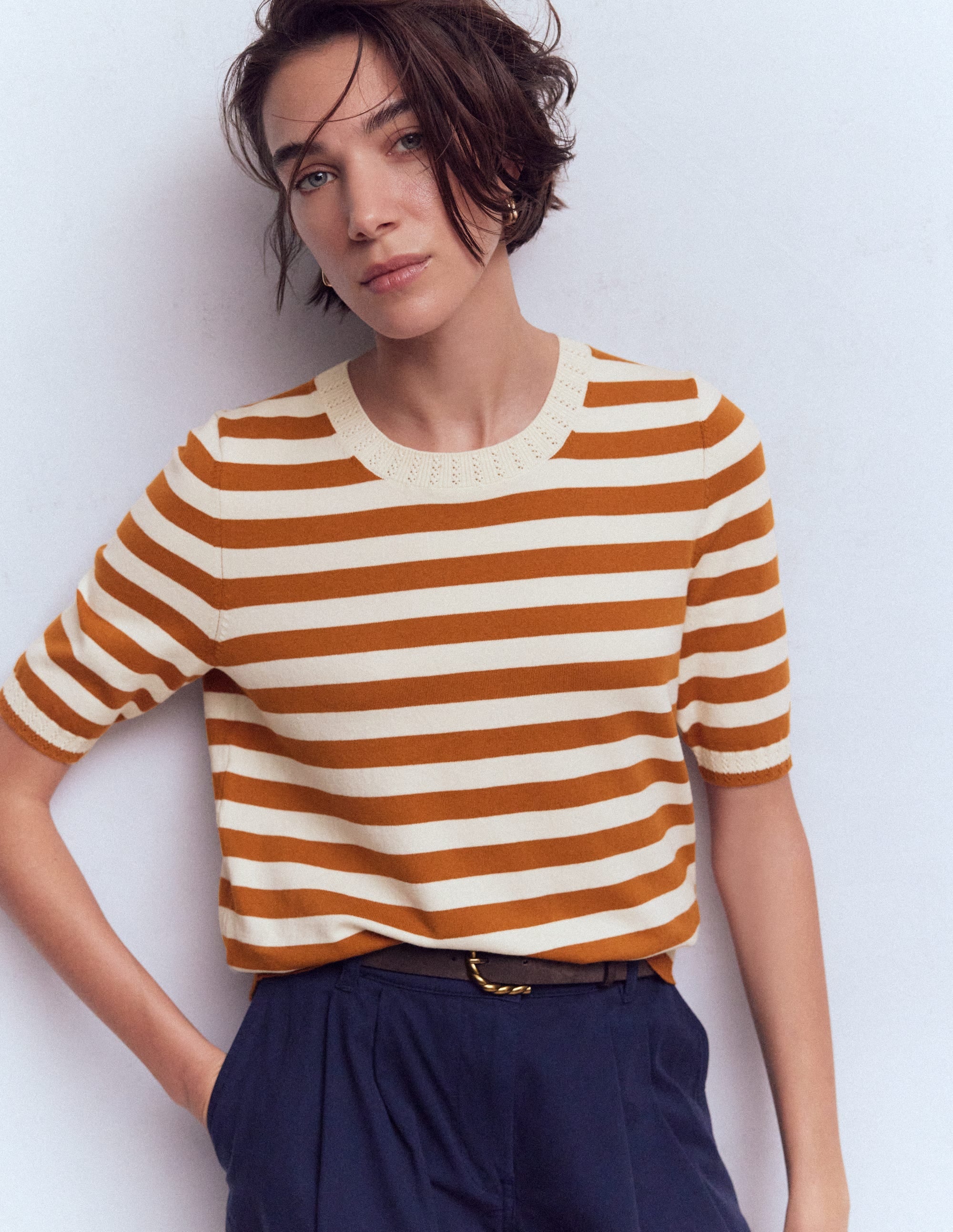 Emilia Cotton Crew T-shirt-Cognac/ Warm Ivory - Image 1