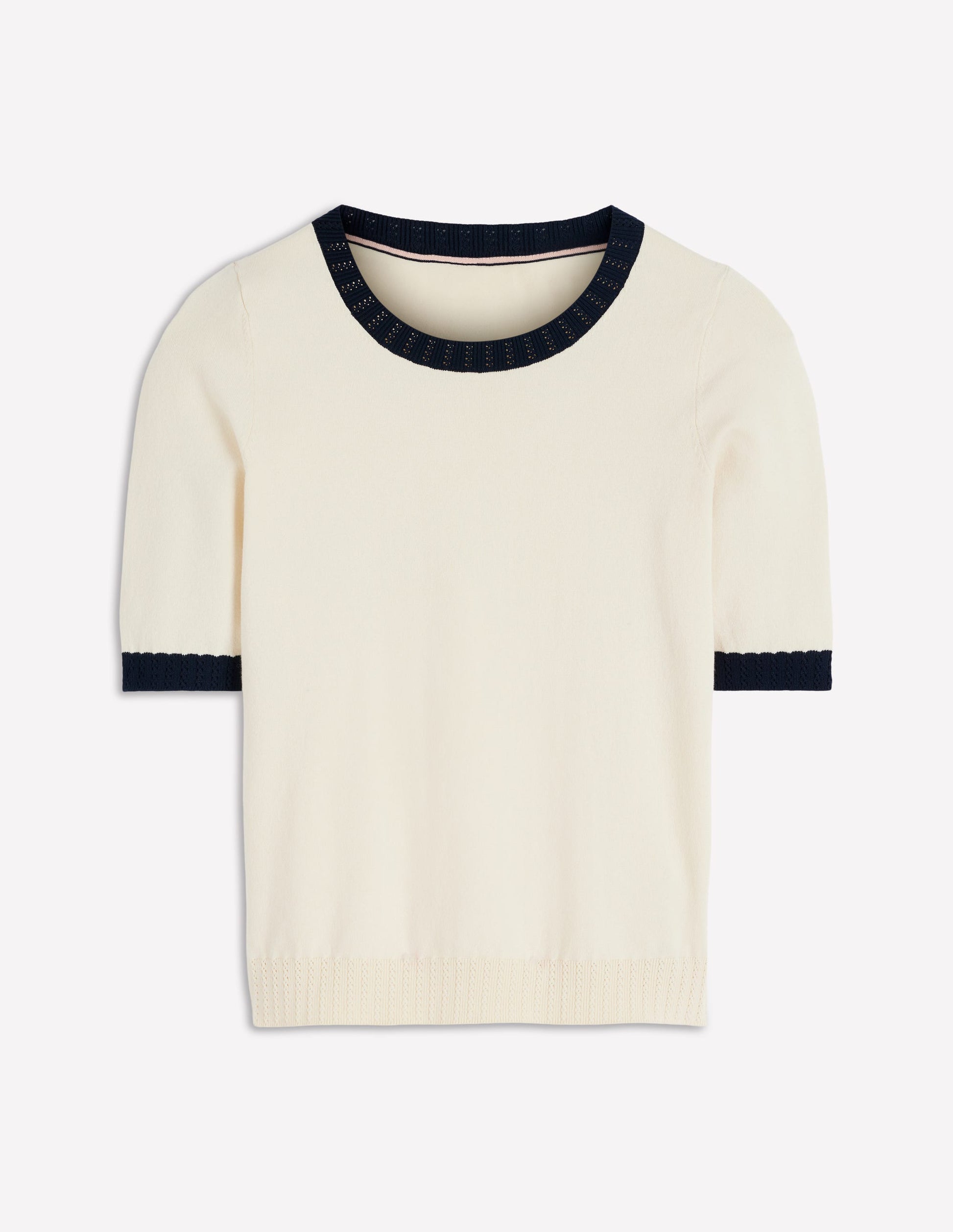 Emilia Cotton Crew T-shirt-Warm Ivory, Navy-5