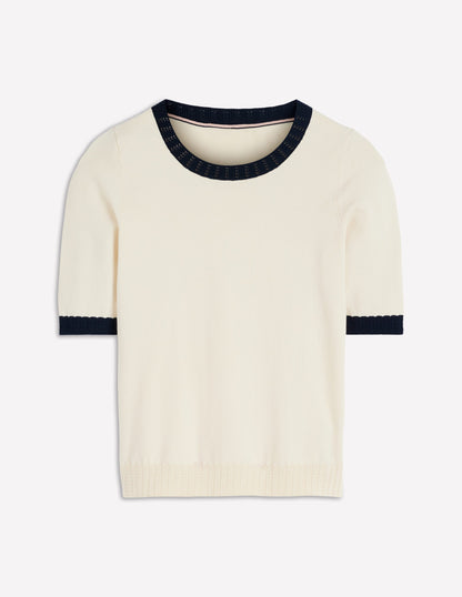 Emilia Cotton Crew T-shirt-Warm Ivory, Navy-5