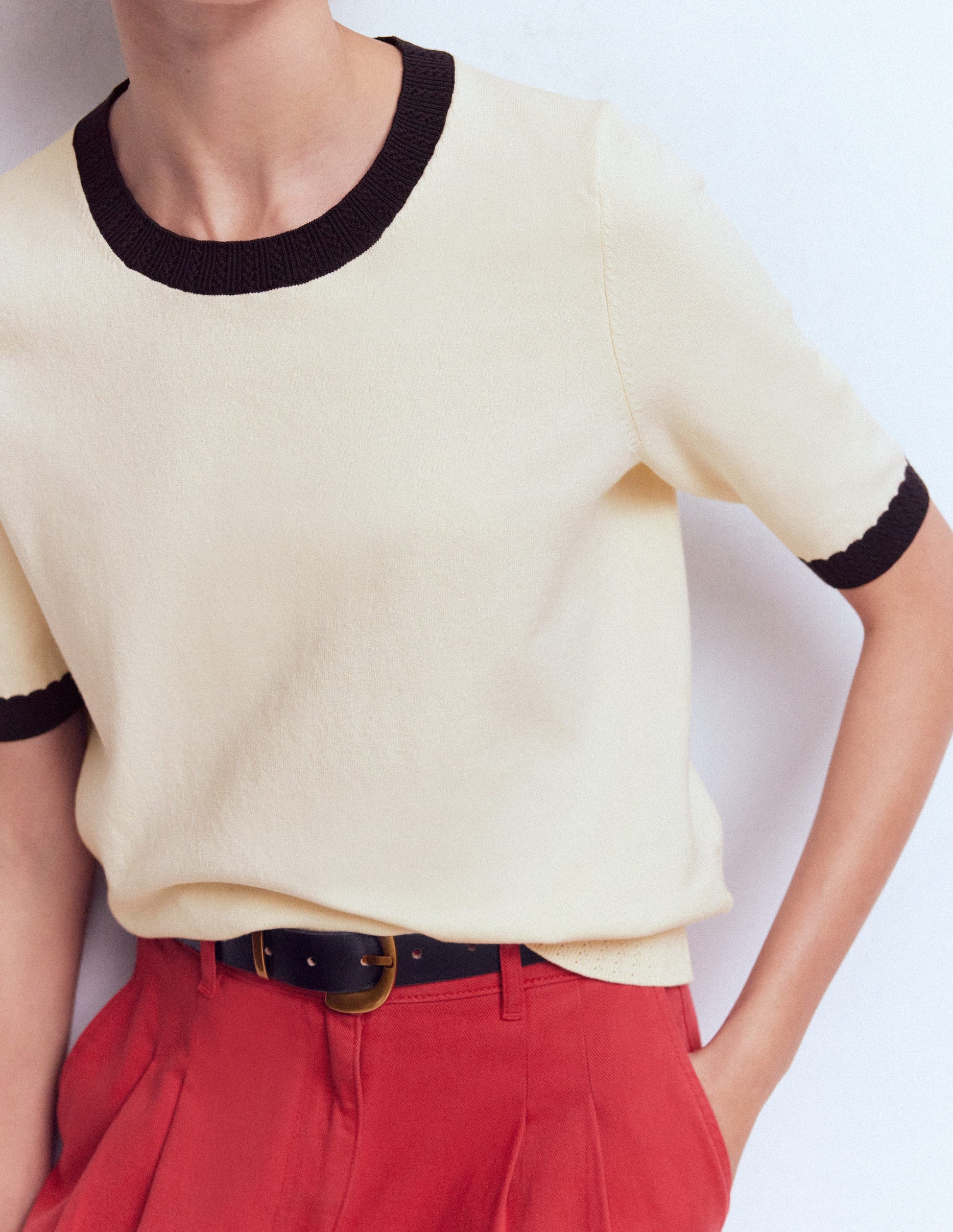 Emilia Cotton Crew T-shirt-Warm Ivory, Navy-2