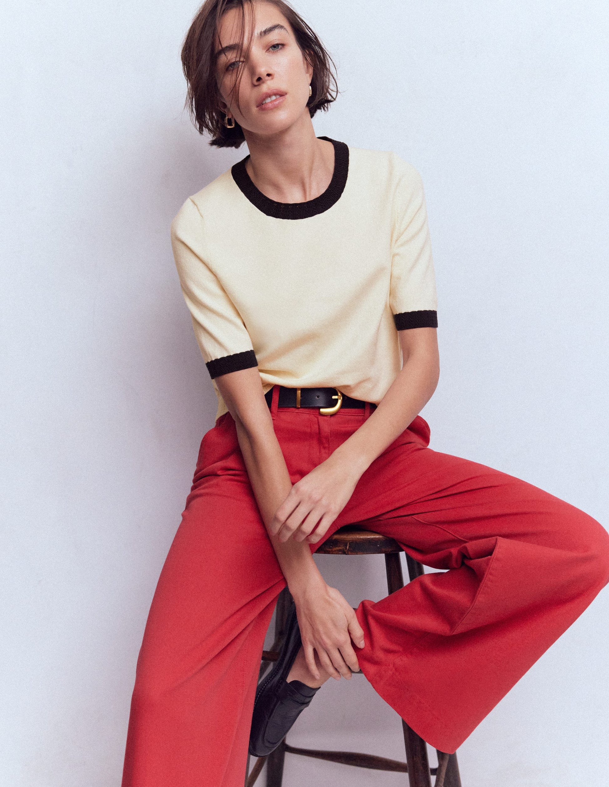 Emilia Cotton Crew T-shirt-Warm Ivory, Navy-4