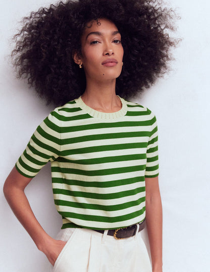 Emilia Cotton Crew T-shirt-Promenade Green/ Ivory Stripe-5