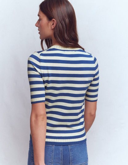 Emilia Cotton Crew T-shirt-Denim Blue/ Warm Ivory-3