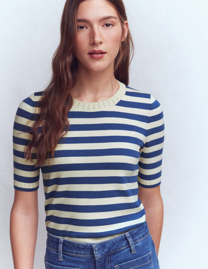 Emilia Cotton Crew T-shirt-Denim Blue/ Warm Ivory-4